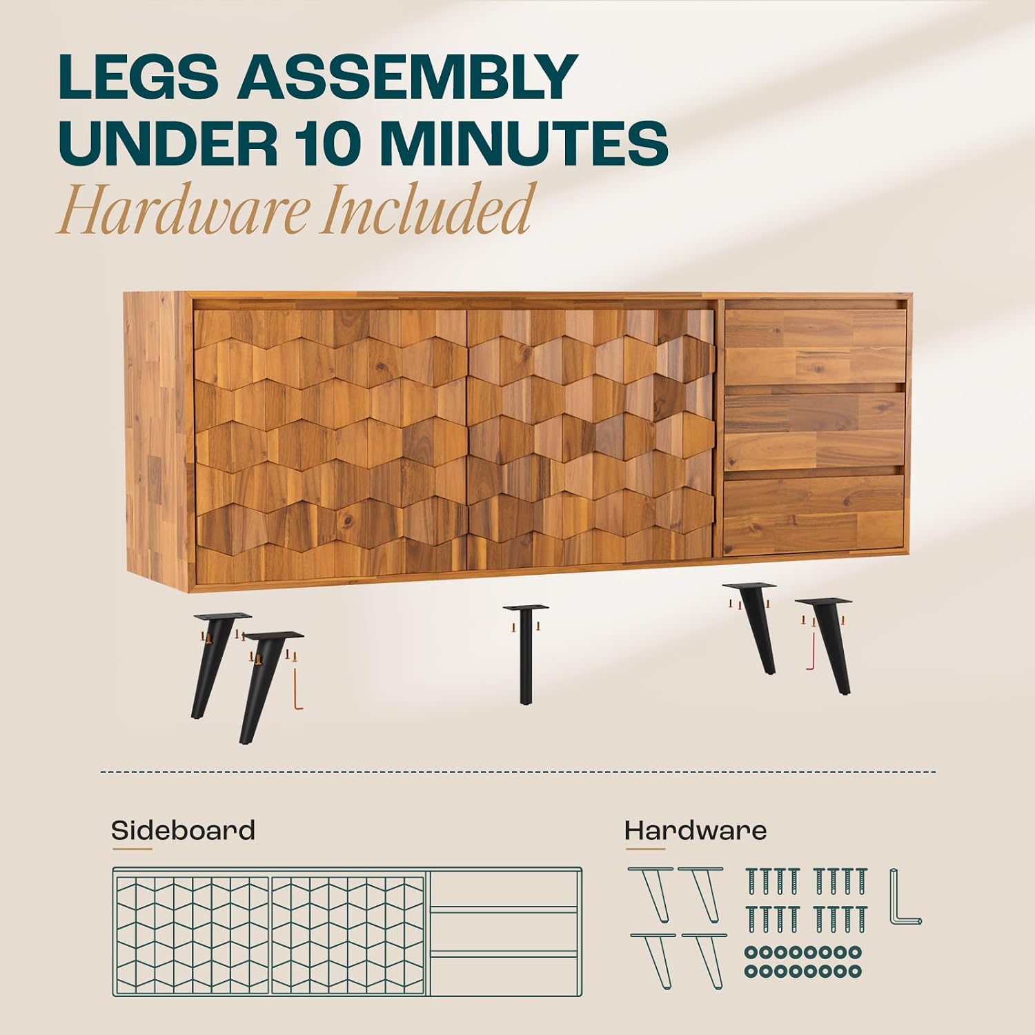 Detalle de Bme Georgina 3YBL Sideboard, Solid Acacia, 2 Doors & 3 Drawers, Teak Brown