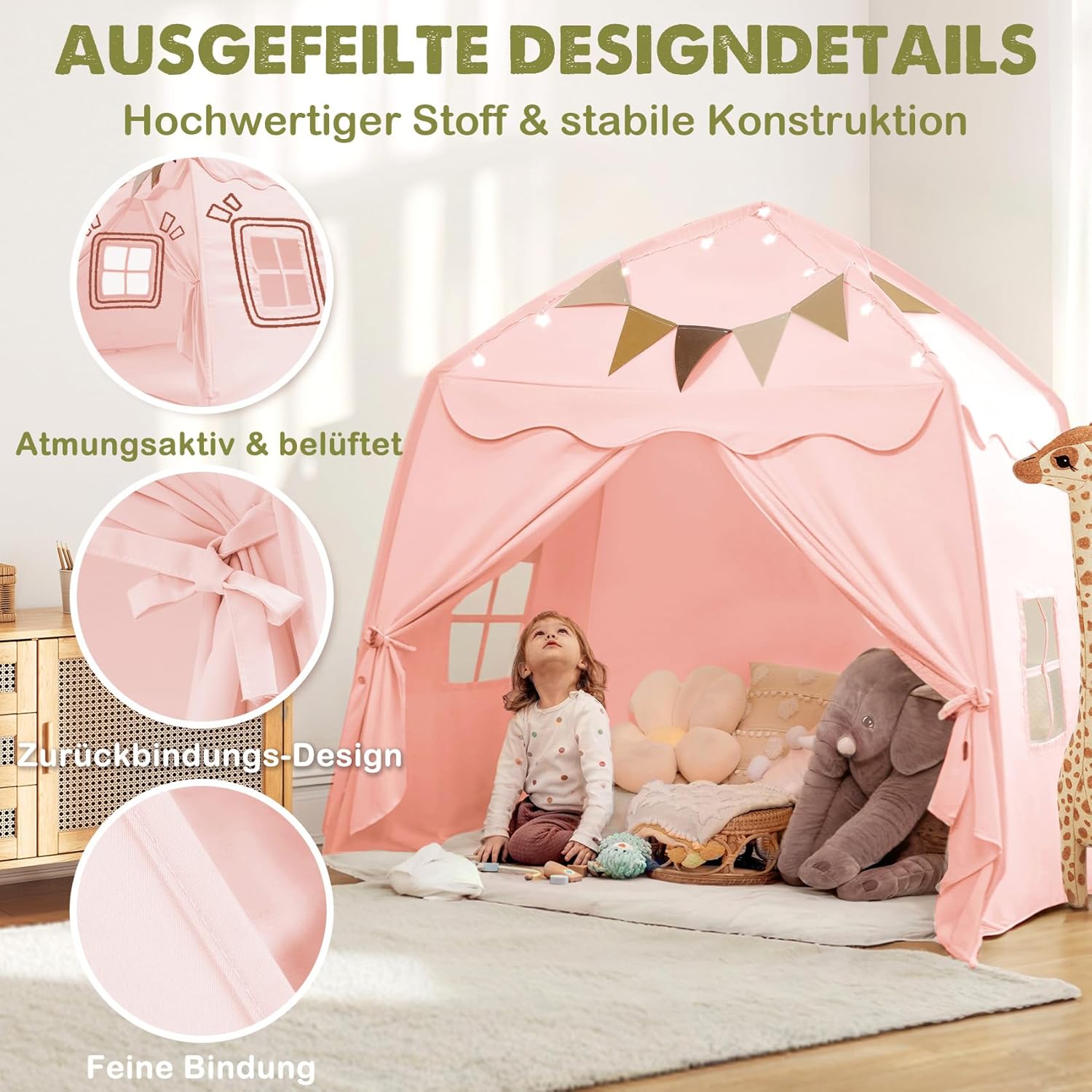Thumbnail 3 de Mallify Kinderzelt Indoor „Kinderzelt mit Lichtern“ (150 x 100 x 150 cm) – Spielzelt fürs Kinderzimmer in Rosa