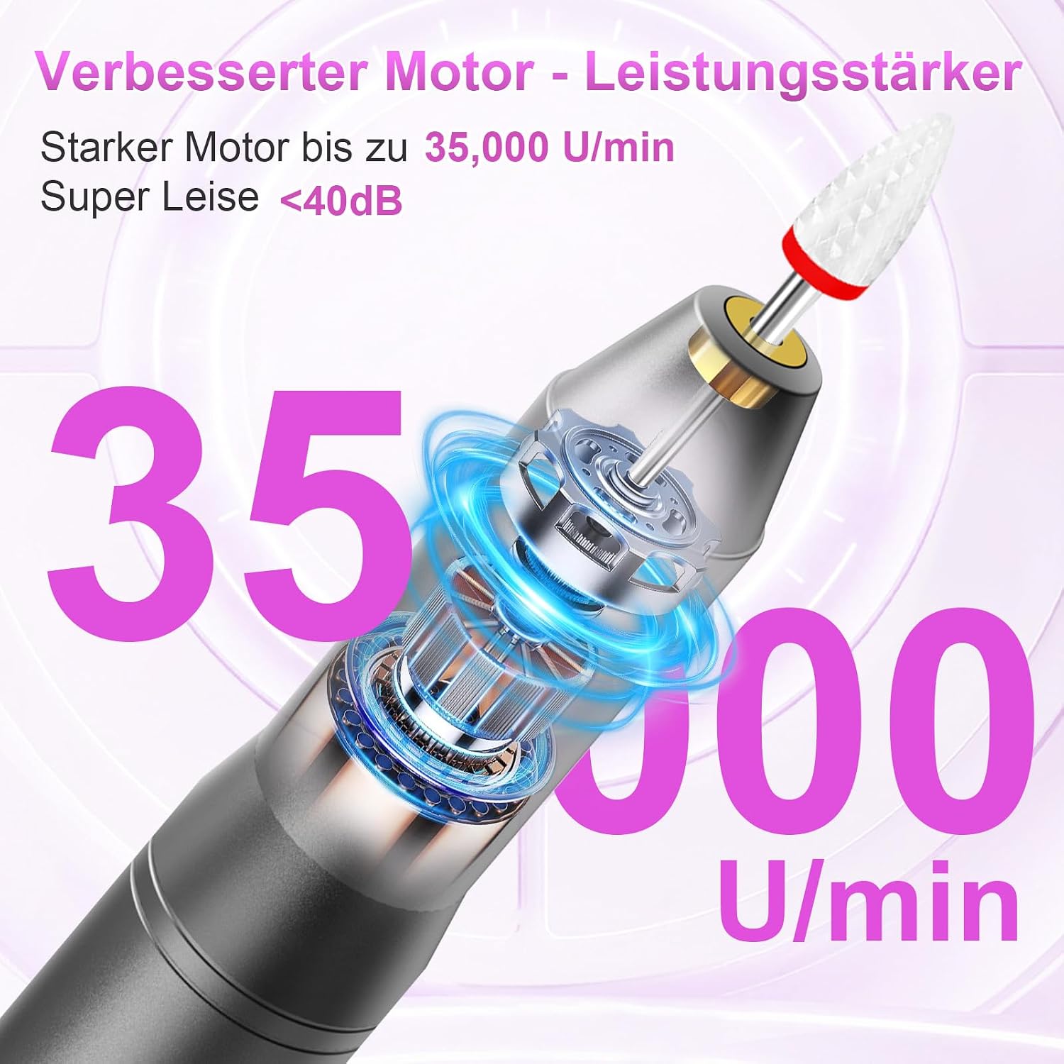 Thumbnail 2 de POFIBO kabellose elektrische Nagelfeile (Nagelfräser) – 35.000 U/min, 5 Geschwindigkeiten, 12-in-1 Set in Rosa