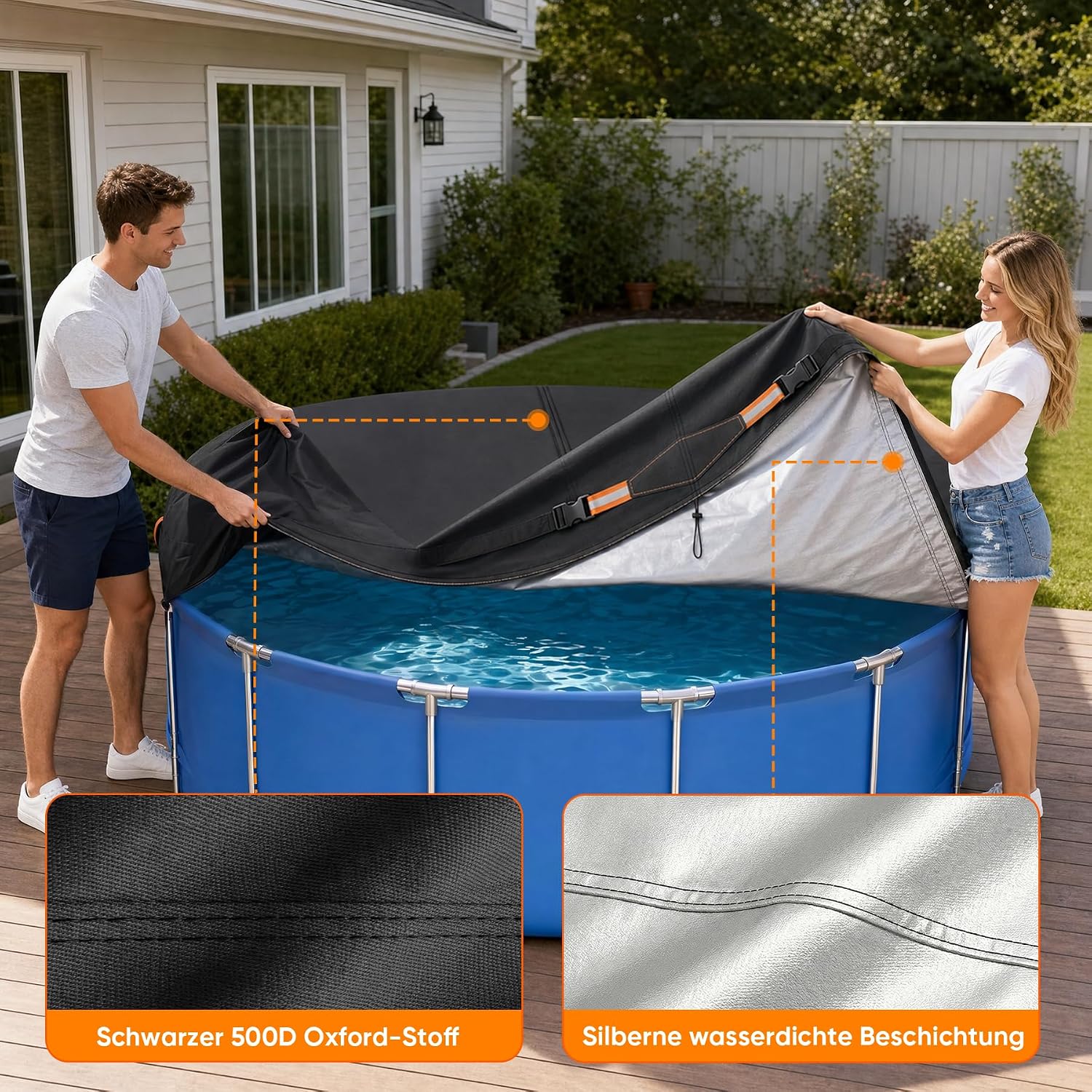 Detalle de Poolabdeckung Rund Premium 366 cm Ø – 500D Oxford-Gewebe, wasserundurchlässig, windfest