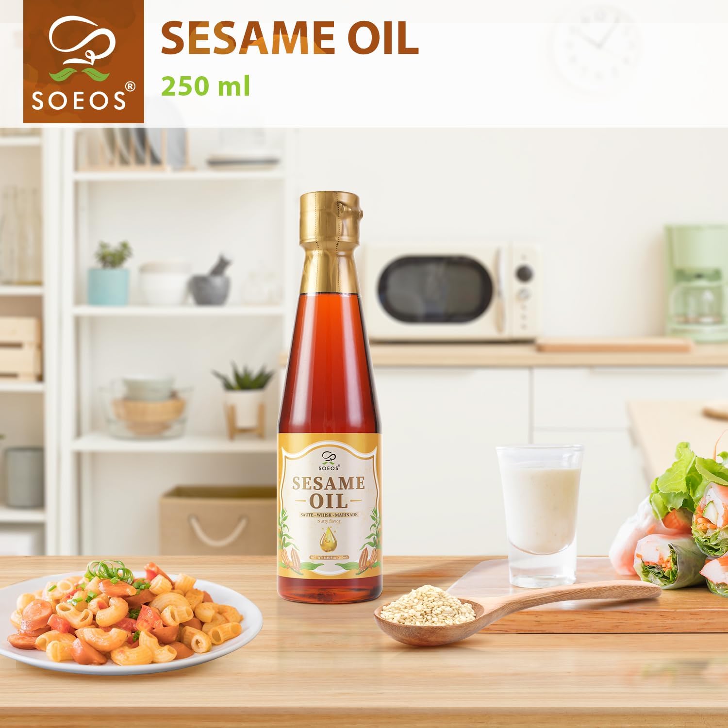 Detalle de Soeos Toasted Sesame Seed Oil, 250 mL, Pure Nutty Flavour