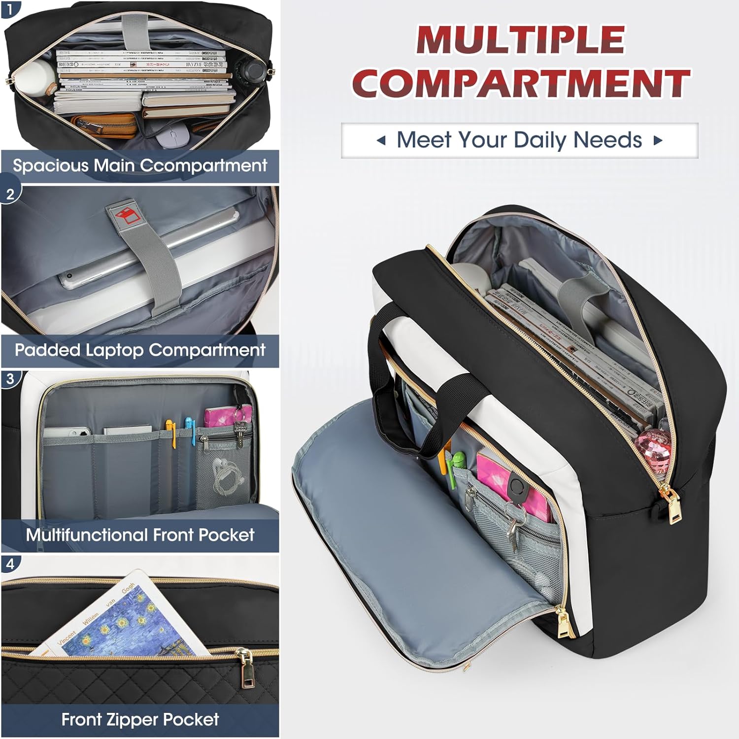 Thumbnail 3 de NEWHEY Laptop Bag Briefcase for Women – 17.3" Capacity, Black & Beige