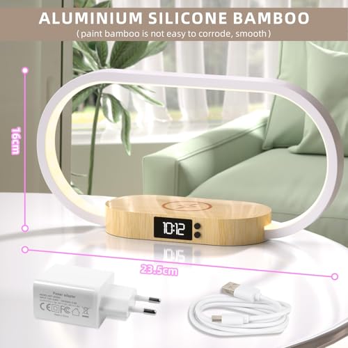 Detalle 2 de m zimoon Lampada da comodino 3 in 1 con orologio e ricarica wireless