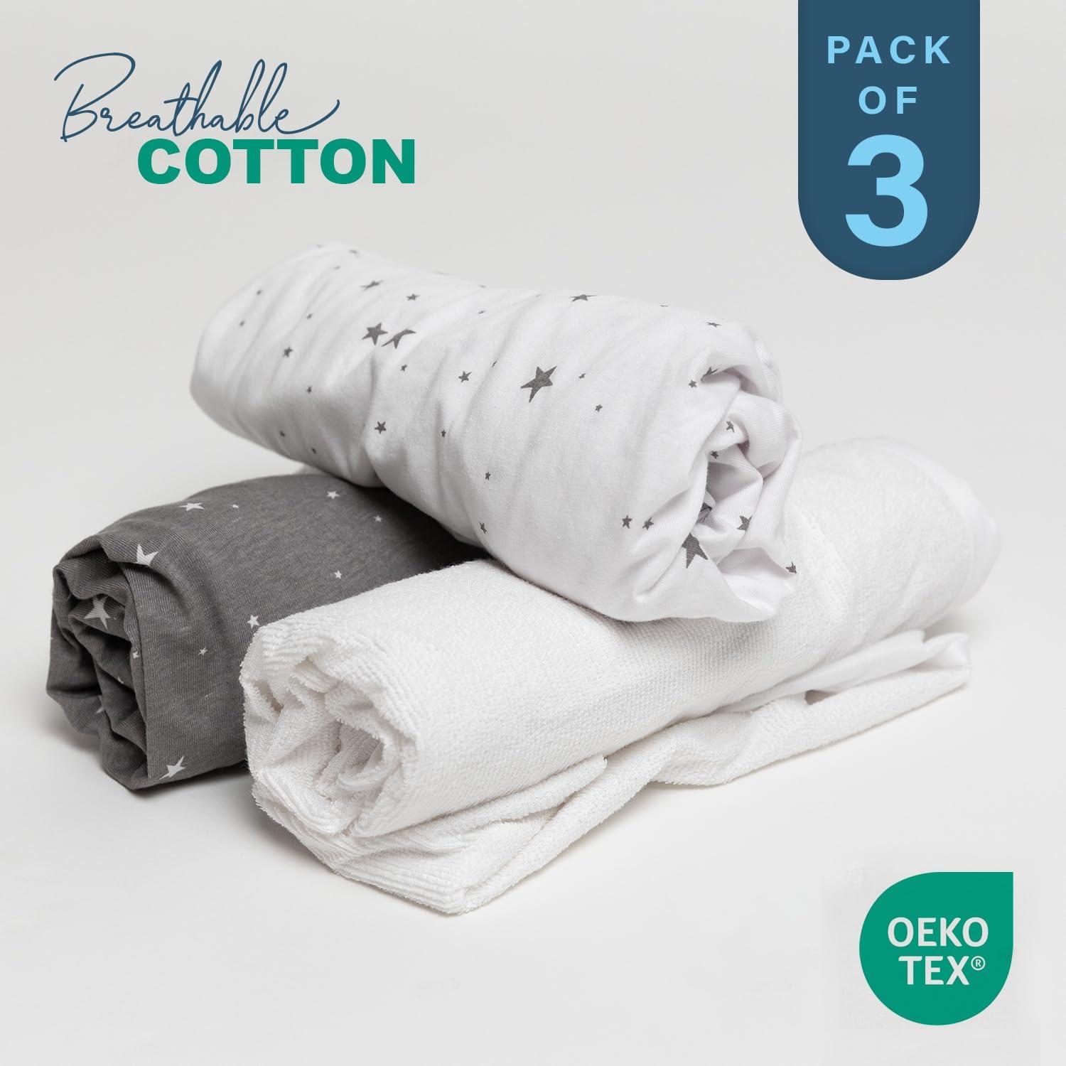 Detalle de Next to Me Crib Sheets 55x90 cm (3 Pack) with Waterproof Mattress Protector – Cotton fitted sheets for 55x90 cm cribs