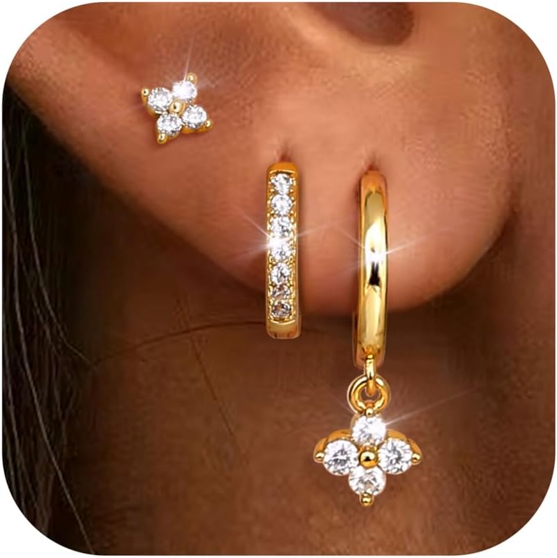 Detalle de Dochais 3 Paar Ohrringe Gold Set – 14K vergoldete Ohrstecker & Creolen mit Anhänger