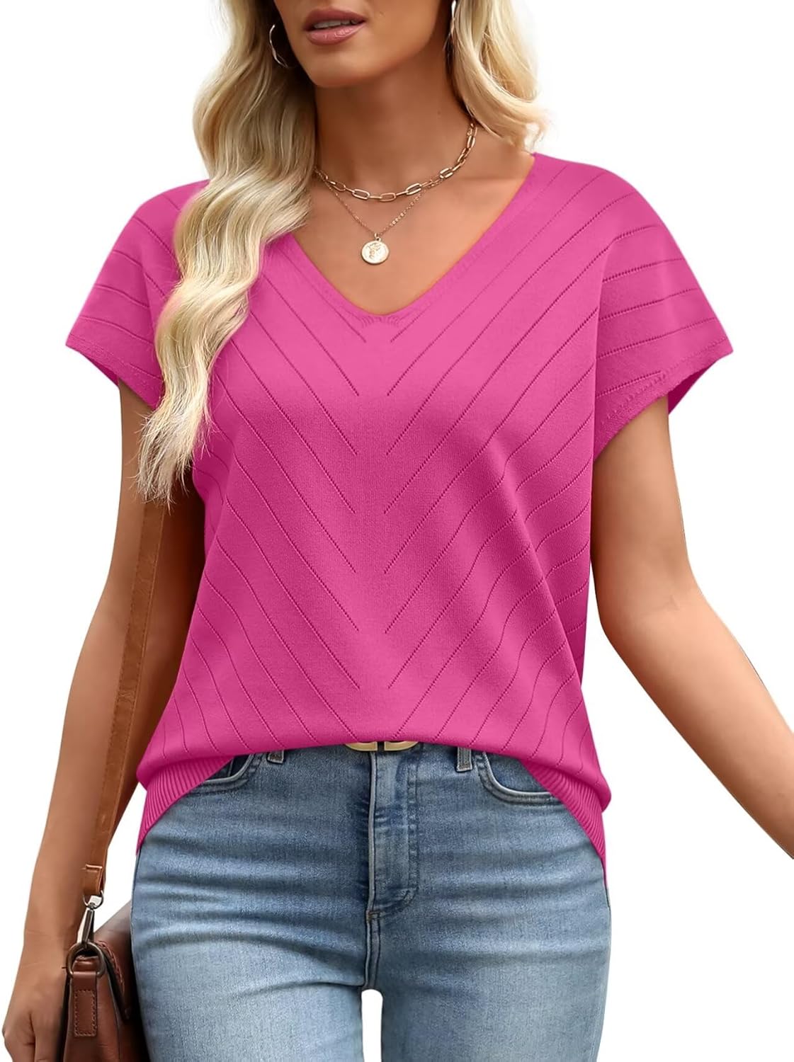 Thumbnail 3 de WIHOLL Damen Pullover Kurzarm Sommer V-Ausschnitt – Leichtes Basic Strickoberteil