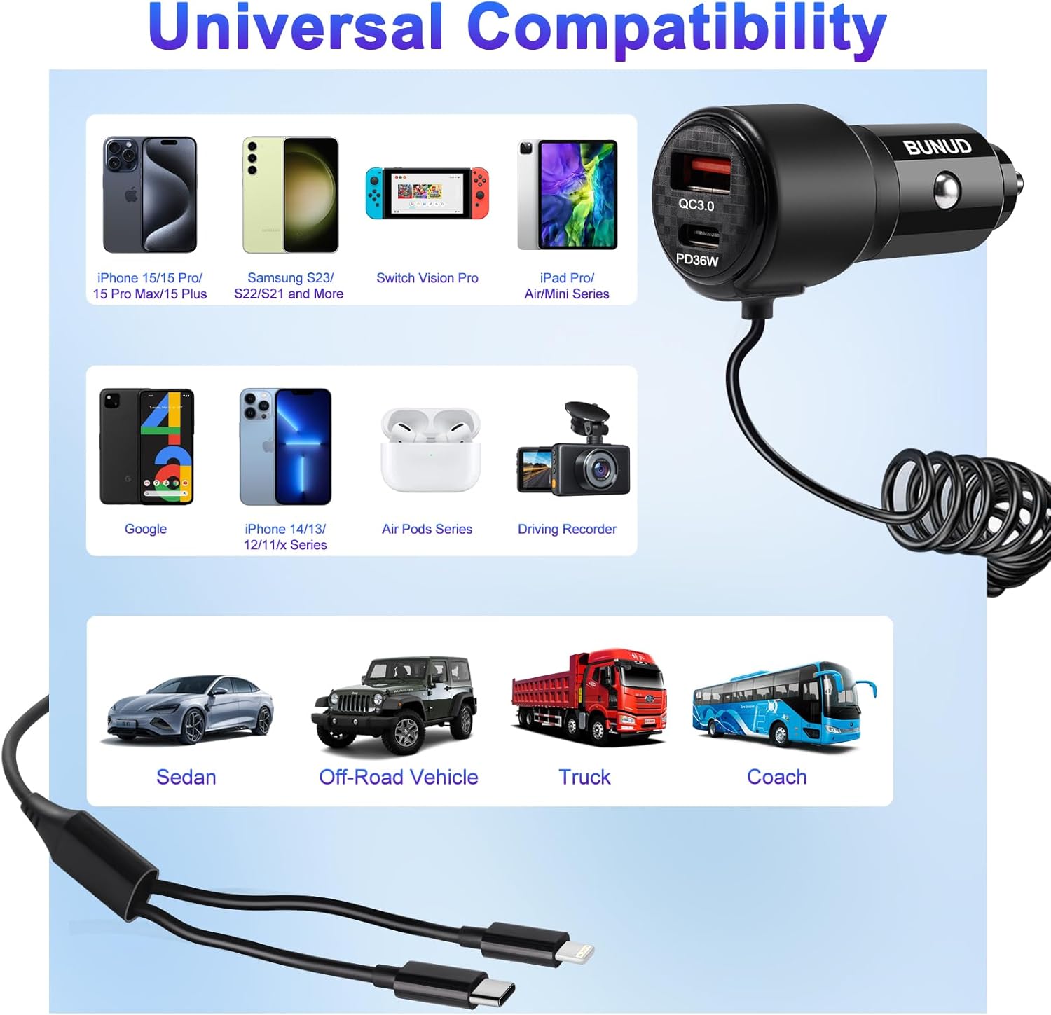 Thumbnail 6 de BUNUD USB Car Charger 66W with PD & QC 3.0 and coiled cable (Type C + Lightning)