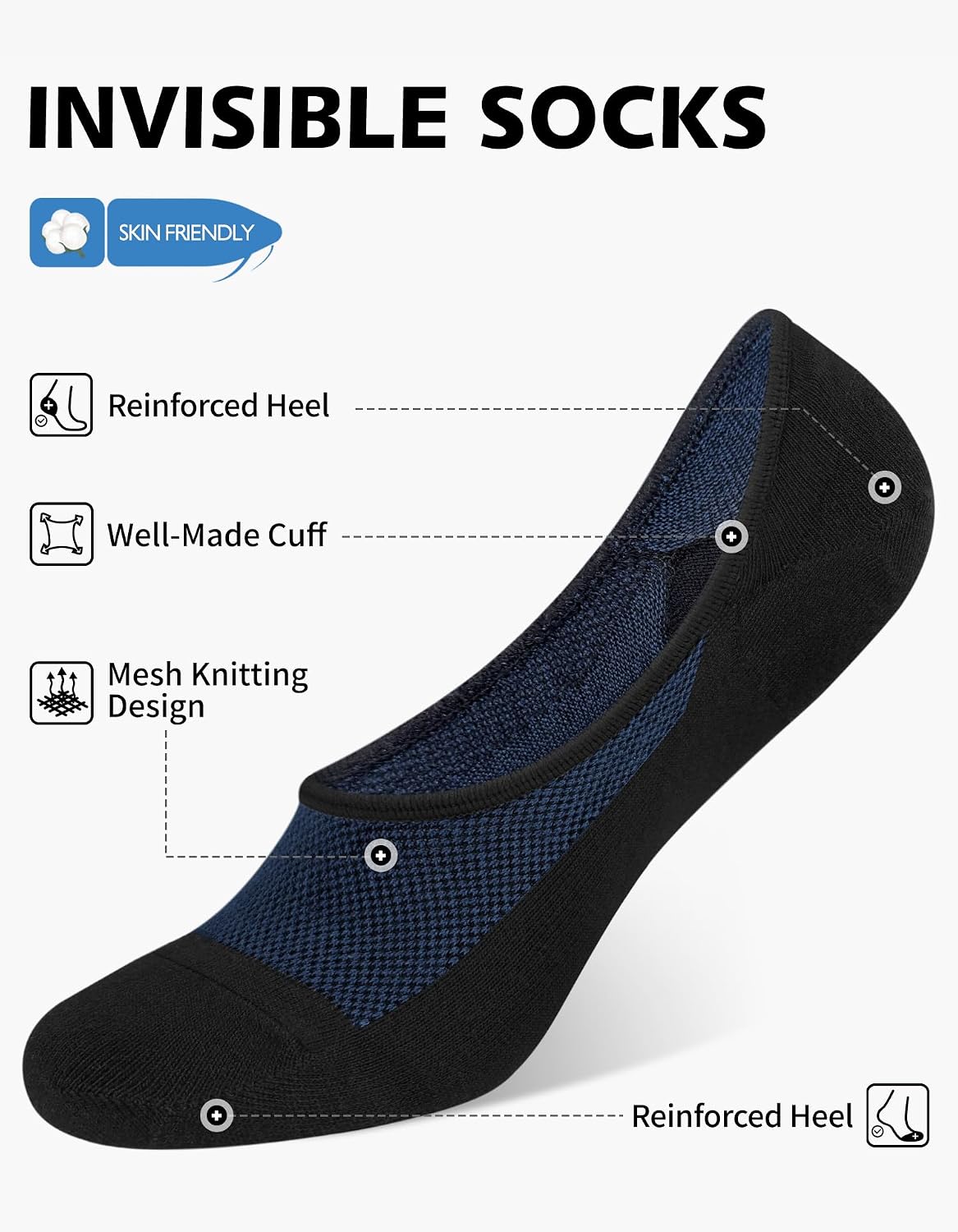 Detalle de CloseMate Chaussettes Invisibles Homme & Femme – 6 Paires, coton 80%, antidérapantes pour loafers, blanc/noir/gris