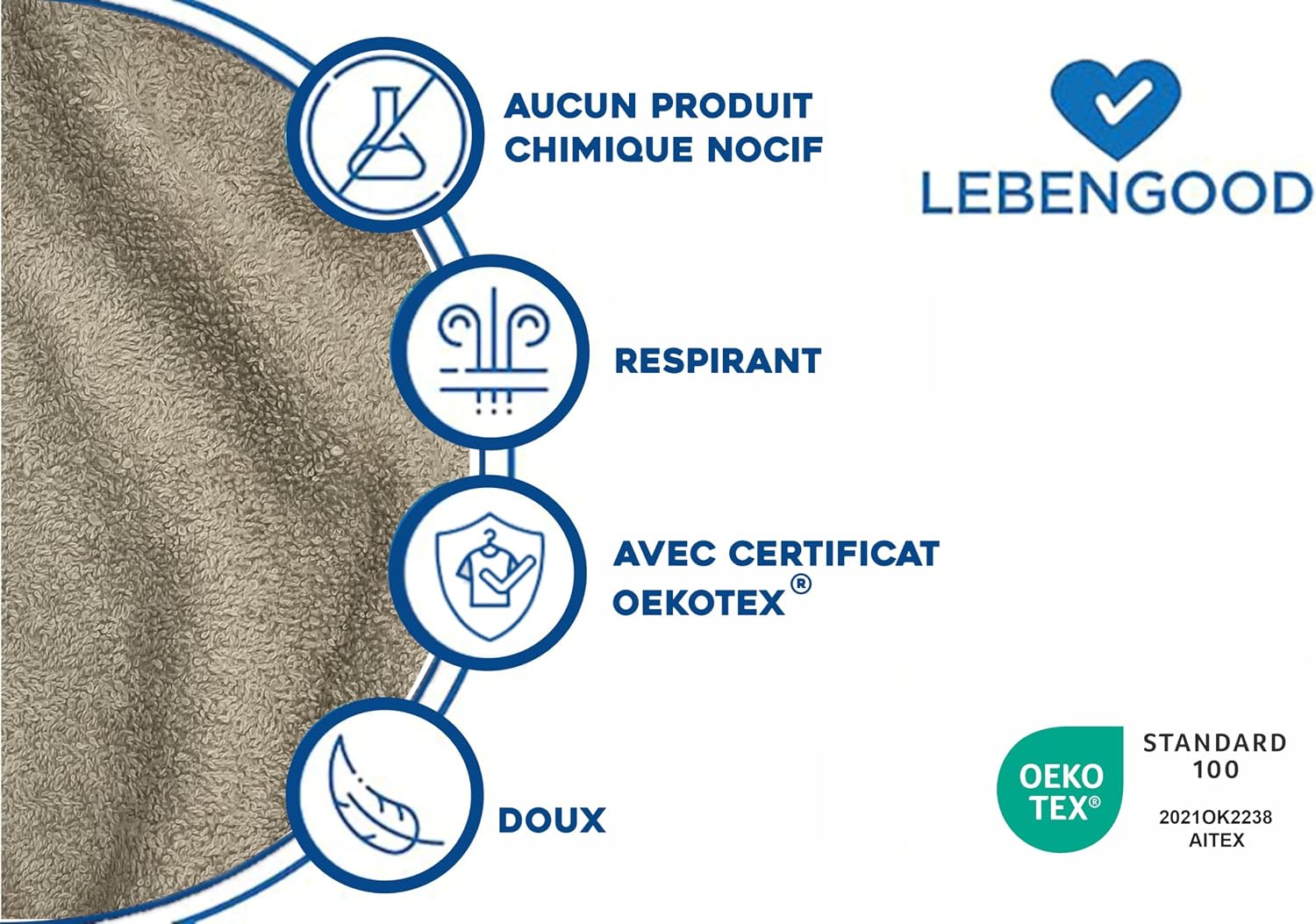 Detalle 2 de LEBENGOOD Peignoir femme en coton éponge 100% (450 g/m²) avec ceinture, poches et certification OEKO-TEX