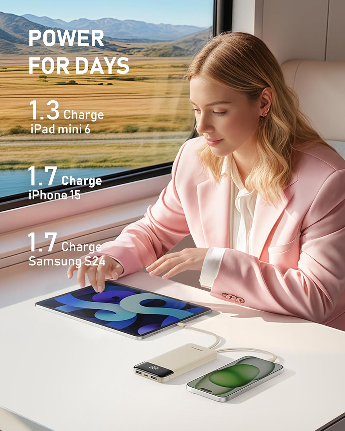 Thumbnail 4 de Charmast Portable Charger with Built-in 4 Cables, 10,000mAh USB-C Power Bank (6 Outputs, 3 Inputs)