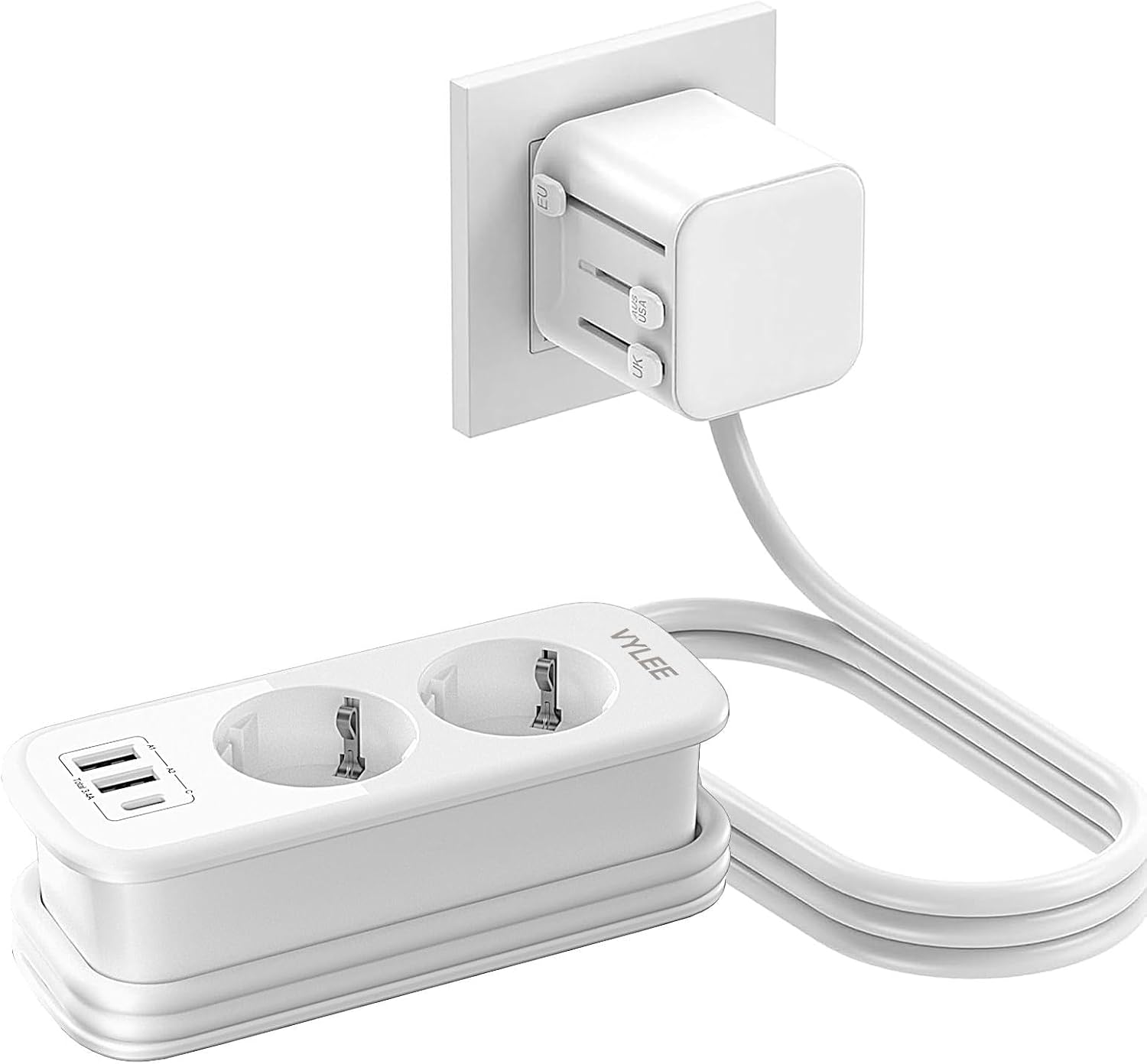 Detalle de VYLEE Reiseadapter Weltweit – All-in-One Reisestecker mit 2‑fach Steckdose, 2 USB‑A & 1 USB‑C, 1,5 m Kabel