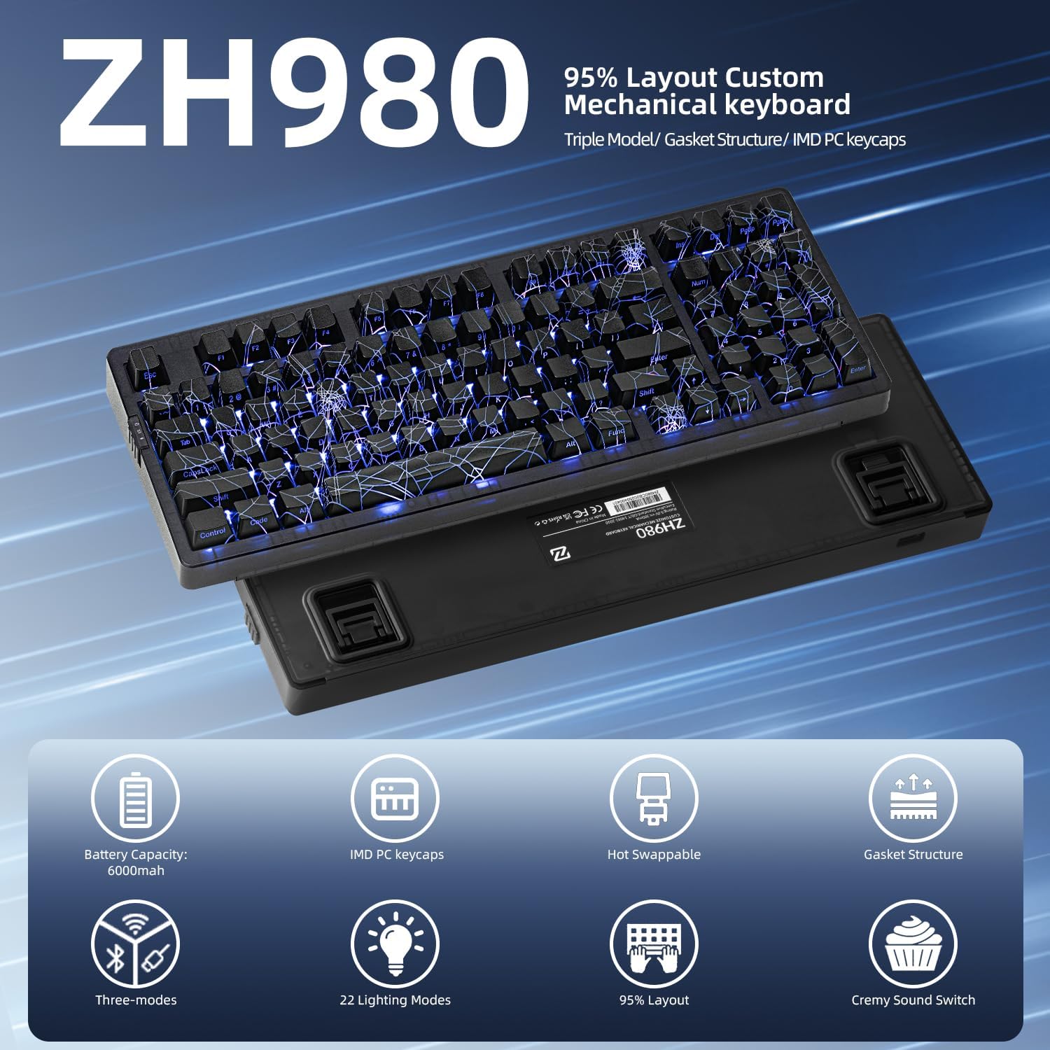 Detalle de ZORNHER ZH980 Wireless Mechanical Keyboard – 95% Layout with Creamy Linear Switches