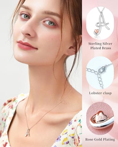 Thumbnail 2 de Mesovor Collar con inicial chapada en plata de ley para mujer (Letra-A) con corazón en oro rosa