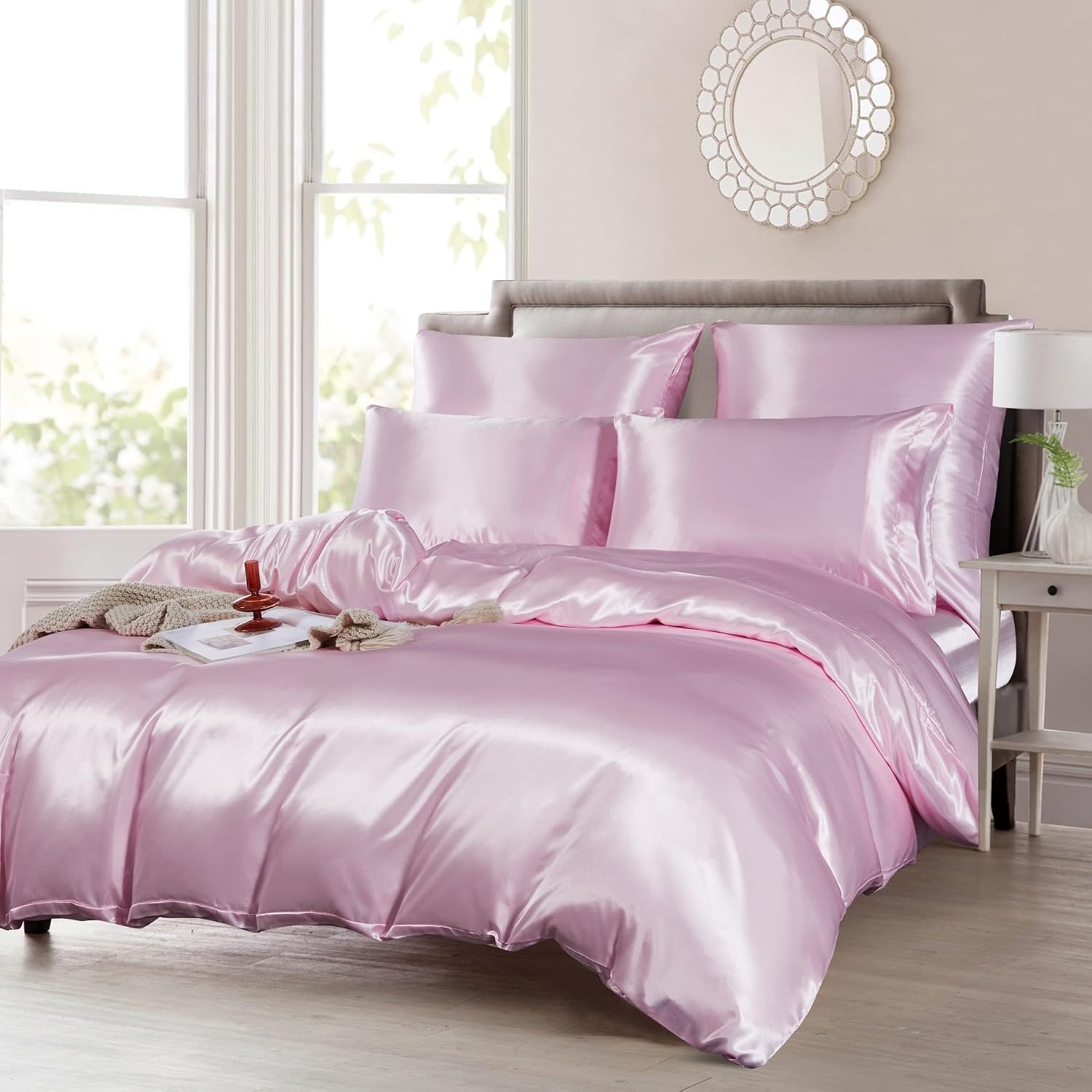 Thumbnail 1 de Housse de Couette Satin 200x200 Rose Uni – YASMENG, Deluxe, avec Taies 65x65 et Fermeture Éclair