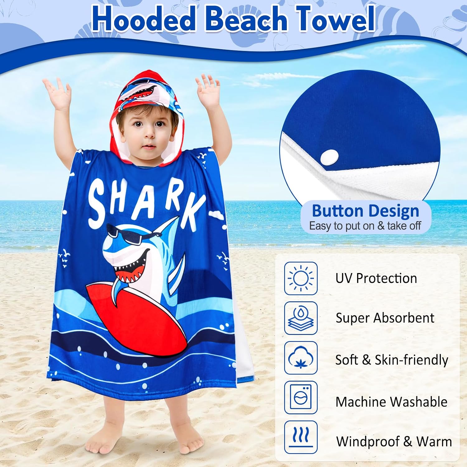 Thumbnail 2 de BTNEEU Poncho de Bain Enfant – Serviette de Plage à Capuche Ultra Absorbante (2–6 ans, 29,5 x 59 pol.)