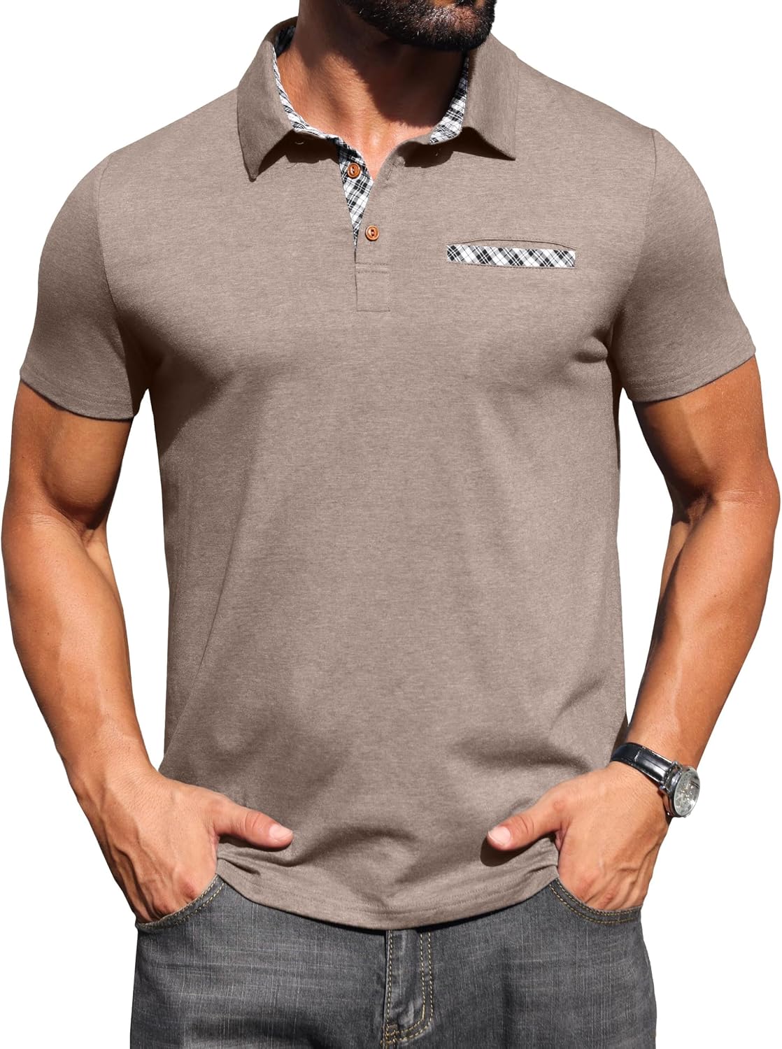 Detalle de Hisir Mens Polo Shirt Cotton Short Sleeve with Pocket – Modern Smart-Casual Polo