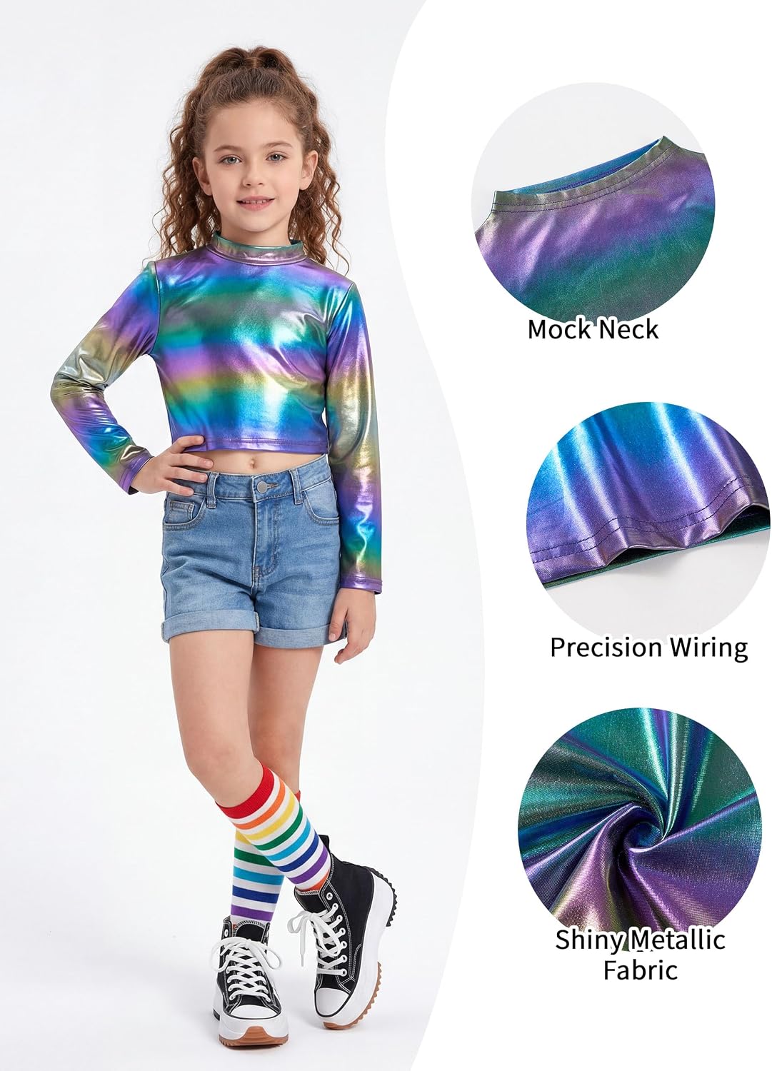 Detalle de LOLANTA Metallic Long-Sleeve Cropped Dance Top for Girls, Shiny Mock Neck