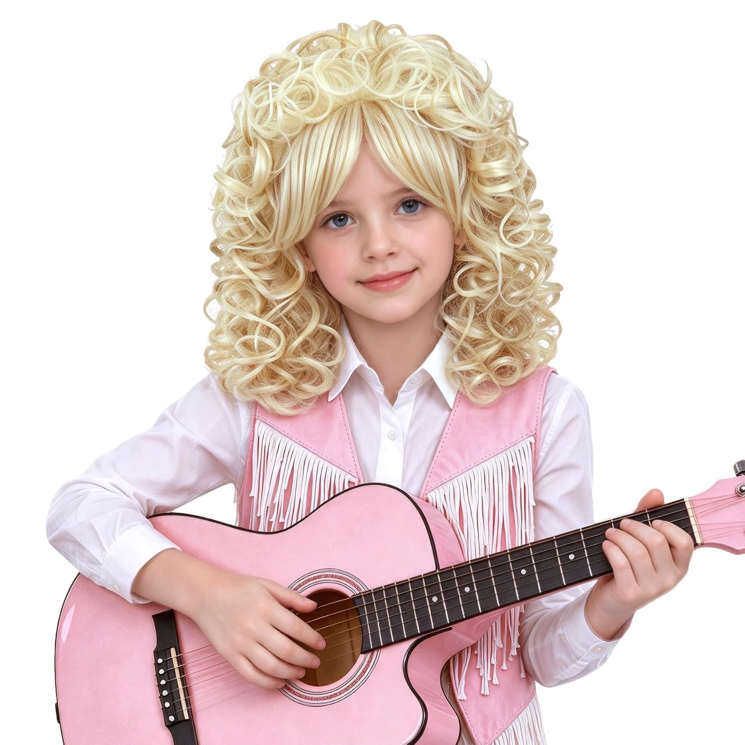 Detalle de PATTNIUM Ash Blonde Curly Wig with Bangs for Kids, 14-Inch Synthetic Hair