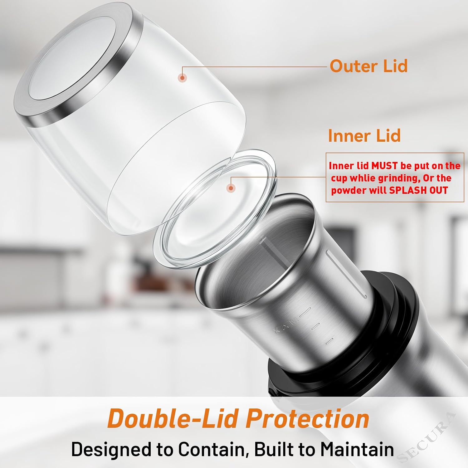 Detalle 2 de Secura Electric Coffee Grinder and Spice Grinder with 2 Stainless Steel Blades and Removable Bowls