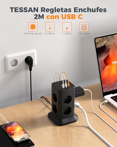 Thumbnail 1 de TESSAN Torre Regleta 8 Tomas con USB y Protección ⚡