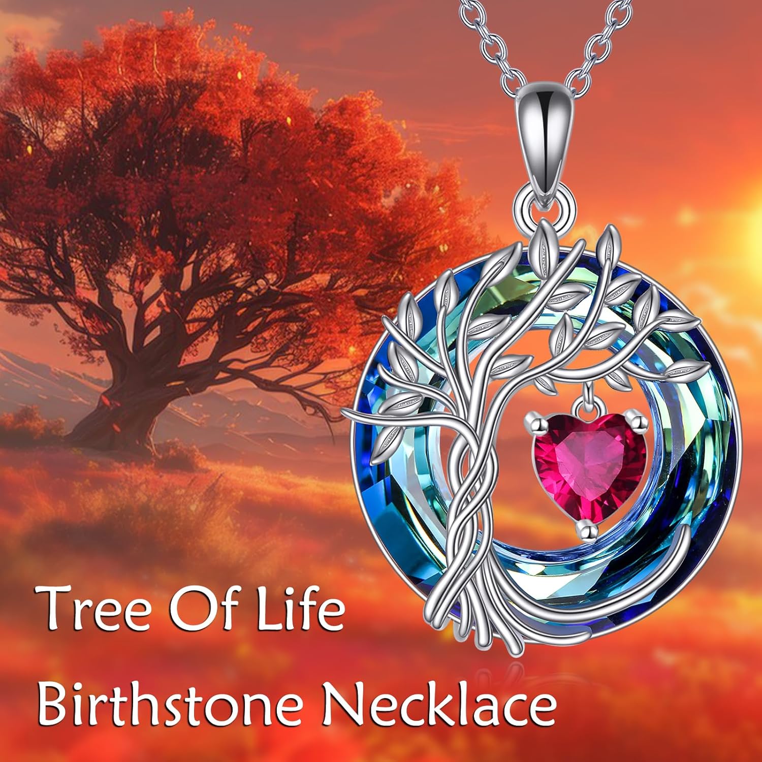 Detalle de POPLYKE Lebensbaum Geburtsstein Kette aus 925 Sterling Silber – Baum des Lebens mit Rubin (Juli)