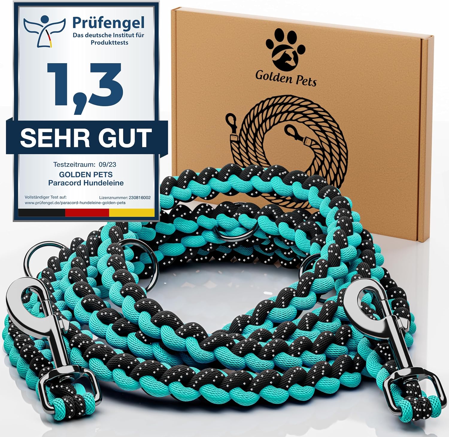 Detalle de Testnote reflektierende Hundeleine (2 m), verstellbar & wetterfest bis 250 kg – Paracord Führleine für kleine bis große Hunde