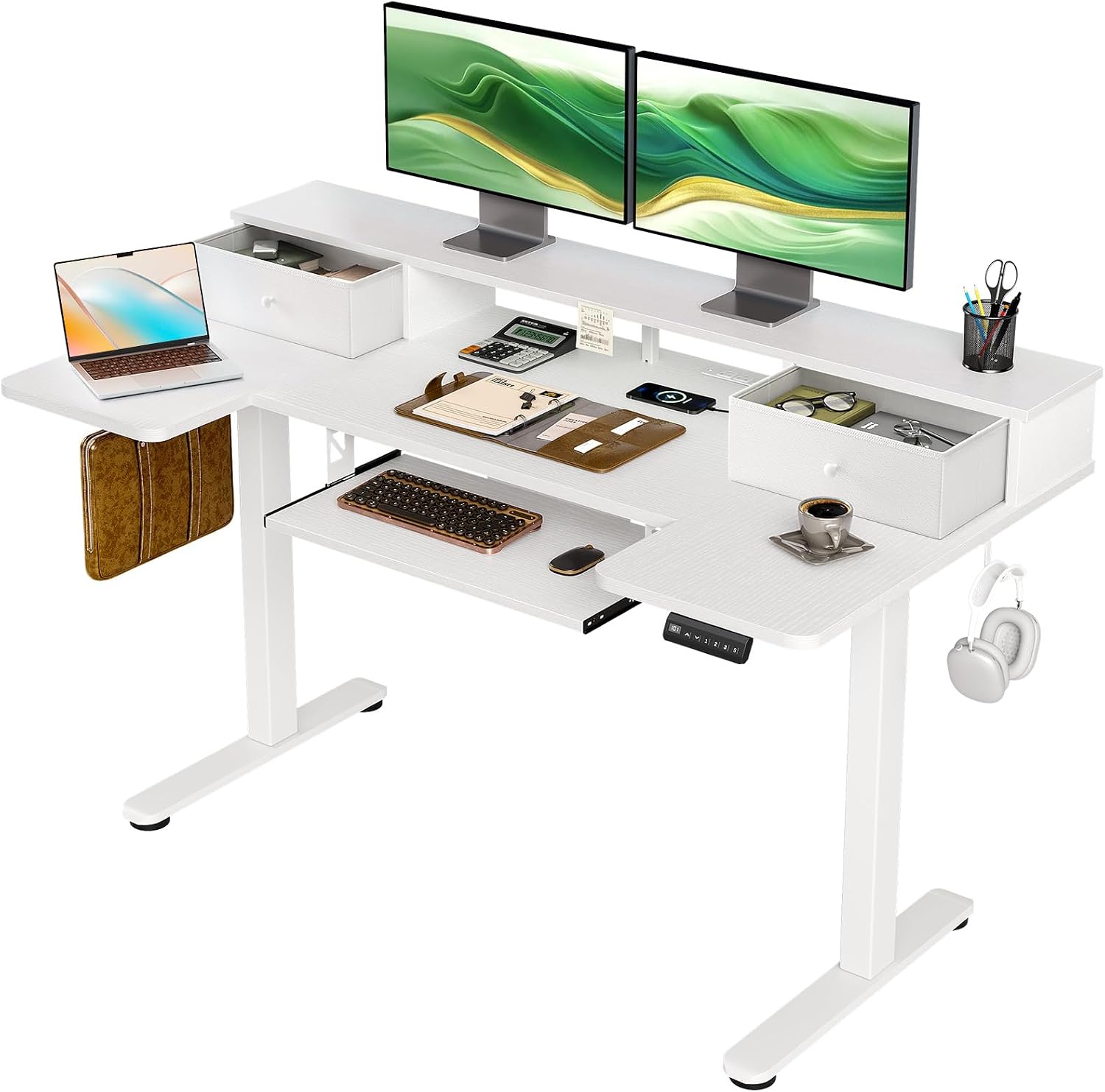 Detalle de OffiGo 55-Inch U-Shaped Standing Desk with Drawers, Keyboard Tray, and Power