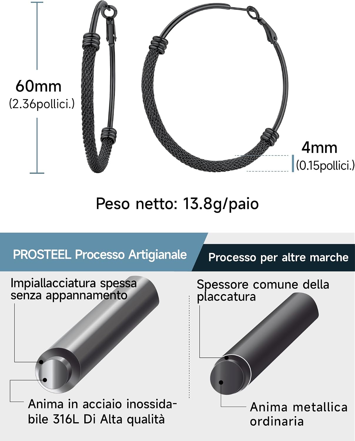 Thumbnail 5 de PROSTEEL orecchini a cerchio neri in acciaio inossidabile 316L, 60 mm (confezione regalo)