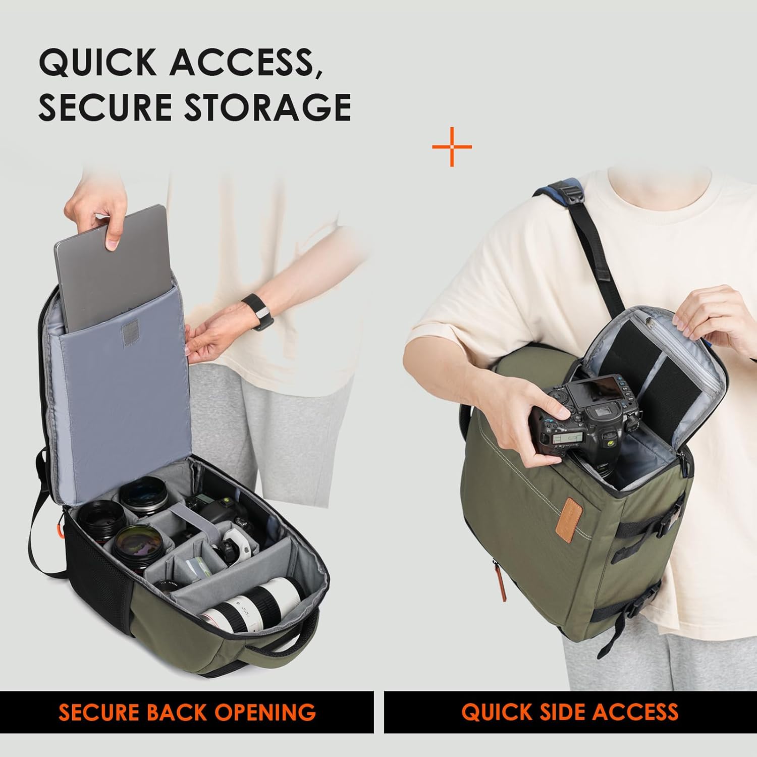 Detalle de TARION 15L Waterproof Camera Backpack – 15.6" Laptop Compartment, Side Access & Tripod Holder