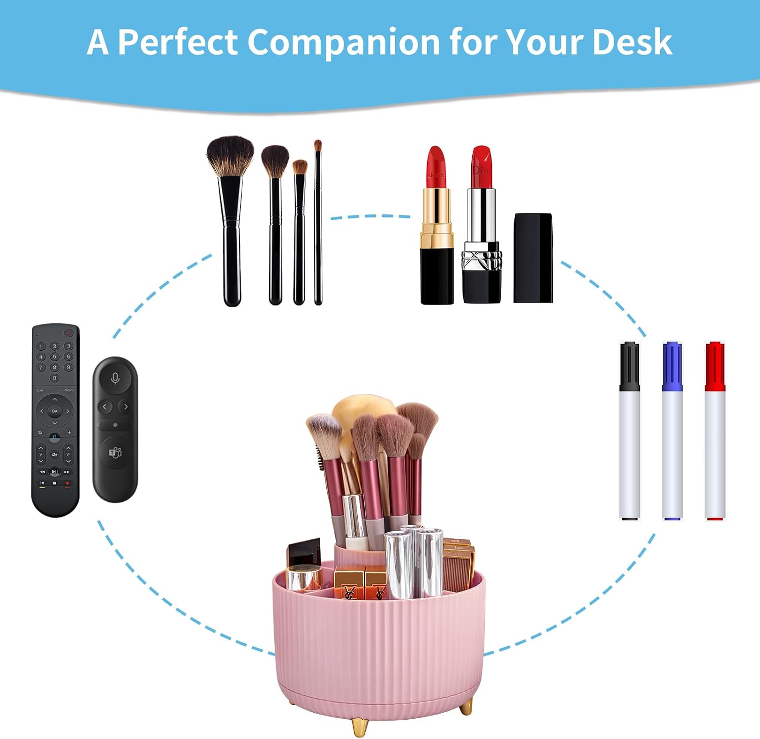 Detalle de Marbrasse Plastic Rotating Pen Holder-Pink Desk Organizer, 5 Compartments