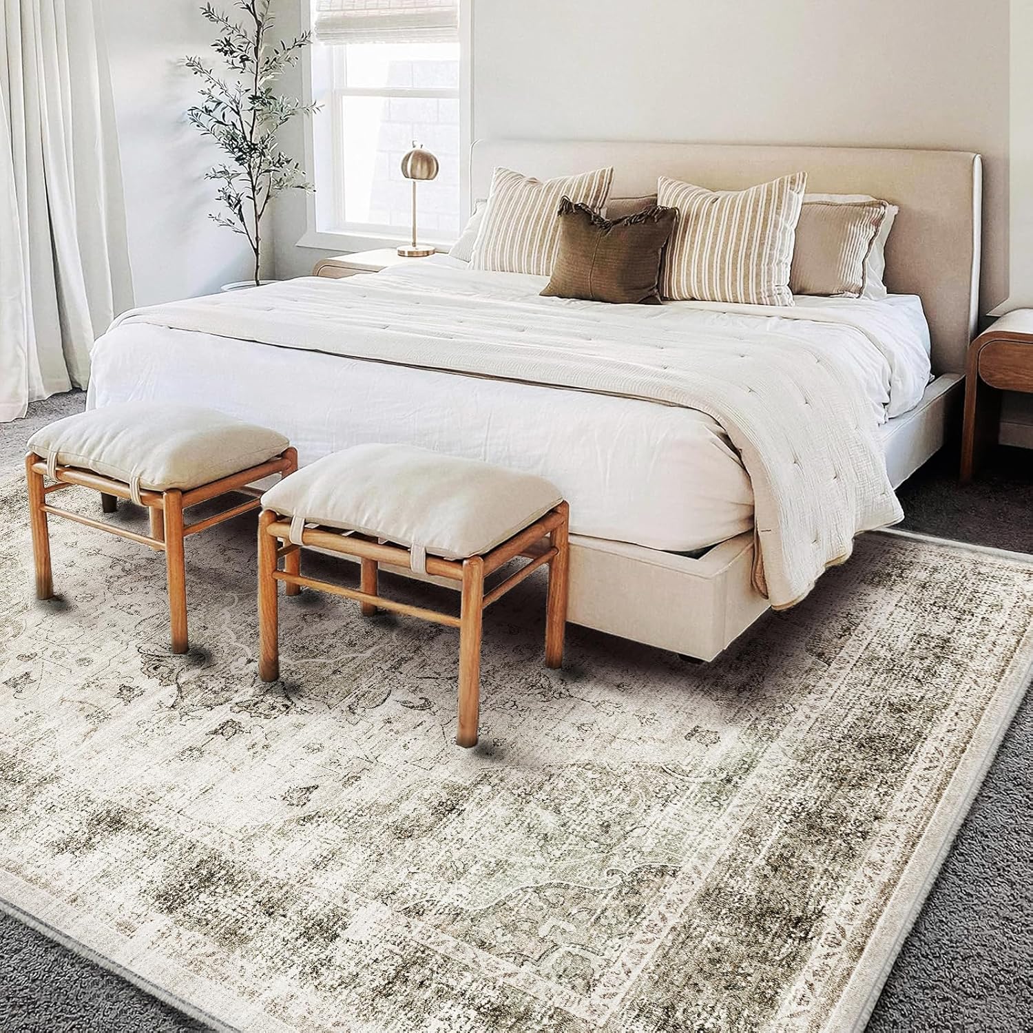 Thumbnail 2 de CHAMPLANT 9 x 12 ft Washable Retro Floral Area Rug (Beige/Taupe Boho)