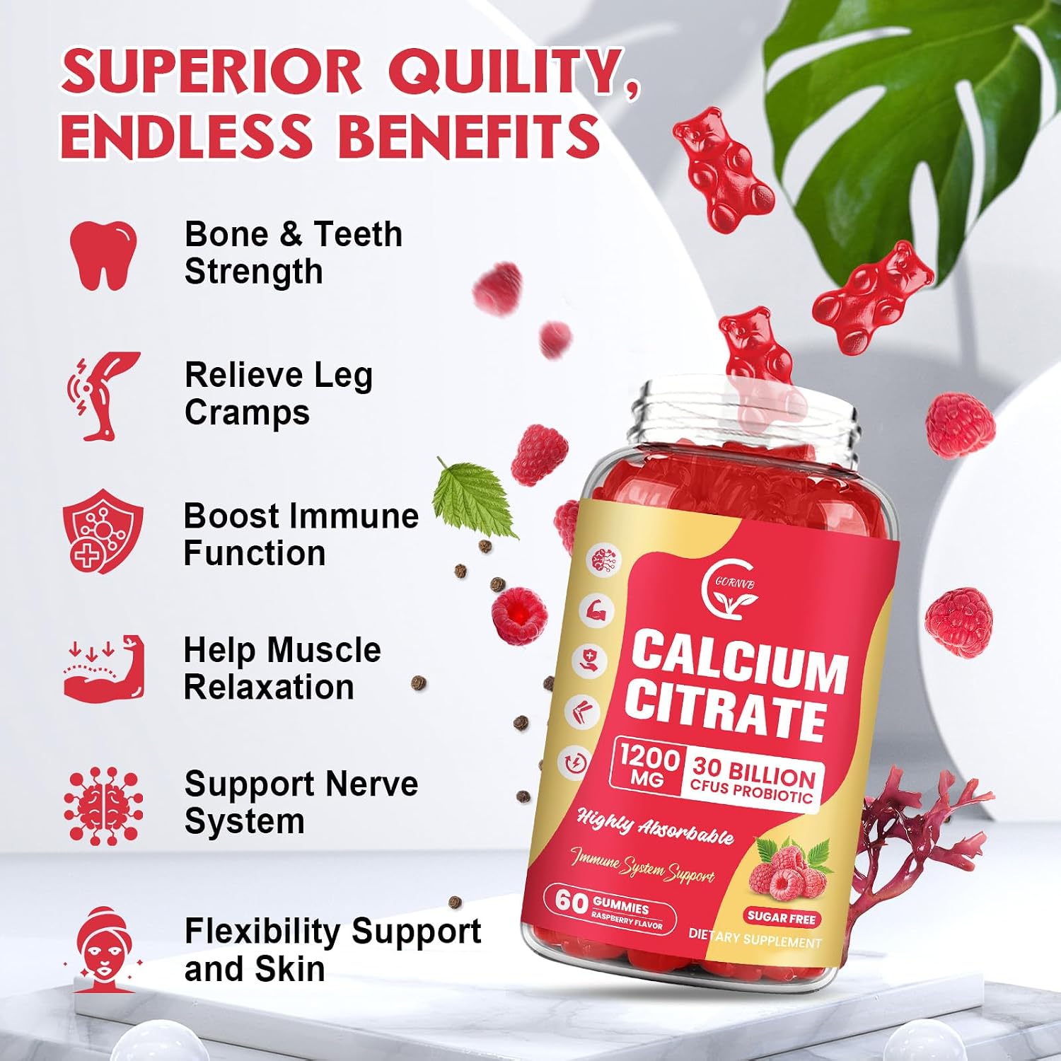 Thumbnail 5 de GORNVB Calcium Citrate Gummies, 1200 mg, Sugar-Free Raspberry, 2-Pack