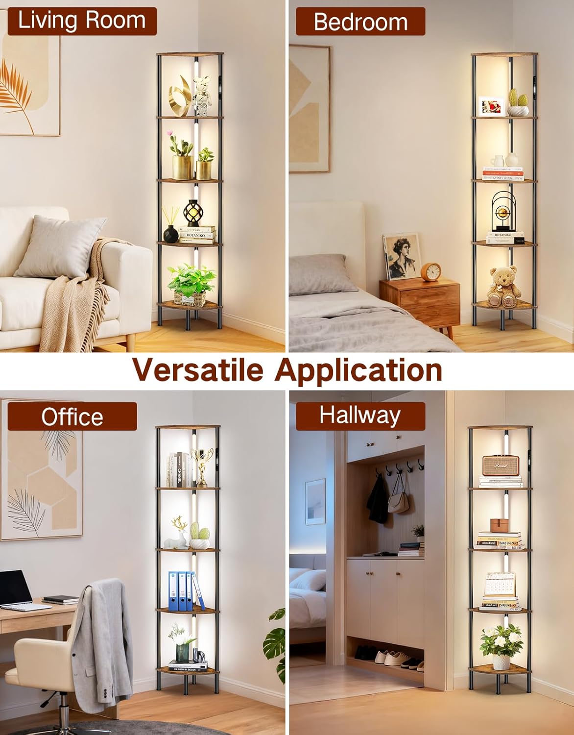 Detalle de OUTONLIFE LED Floor Lamp with Shelves (Rustic Brown) – 3 Colour Temps, Touch & Remote