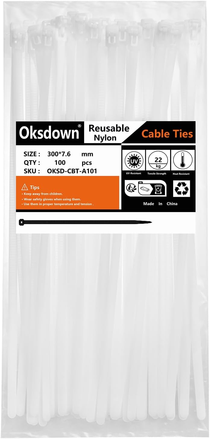 Thumbnail 2 de Oksdown Kabelbinder wiederverschließbar Weiß – 300 mm × 7,6 mm, 100 Stück