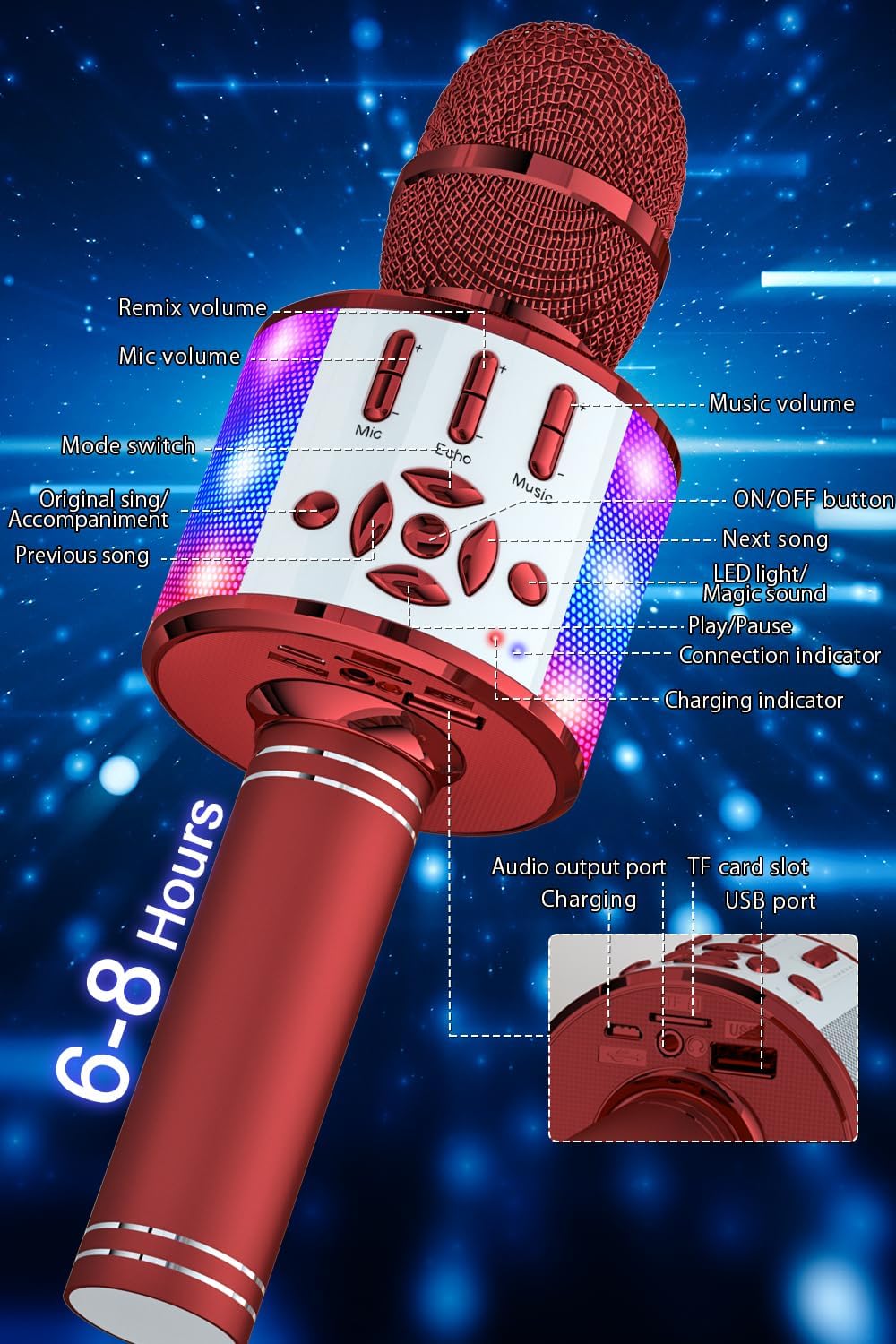 Thumbnail 4 de BONAOK Microfono Karaoke Cambia Voce: Bluetooth 4 in 1 con luci LED per feste
