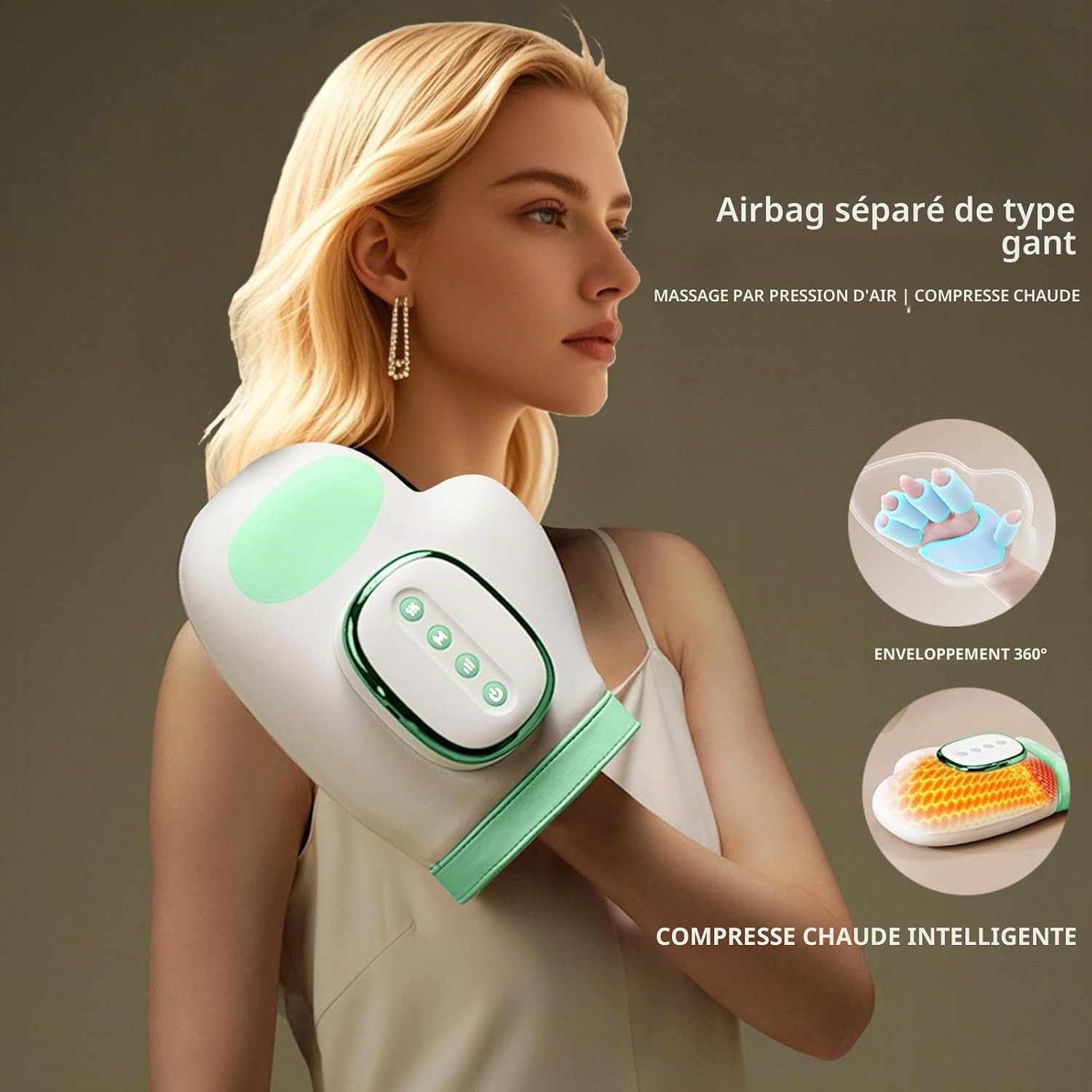 Detalle de ideallife handmassageapparaat met warmte, 14 luchtkussens en 3 massagemodi