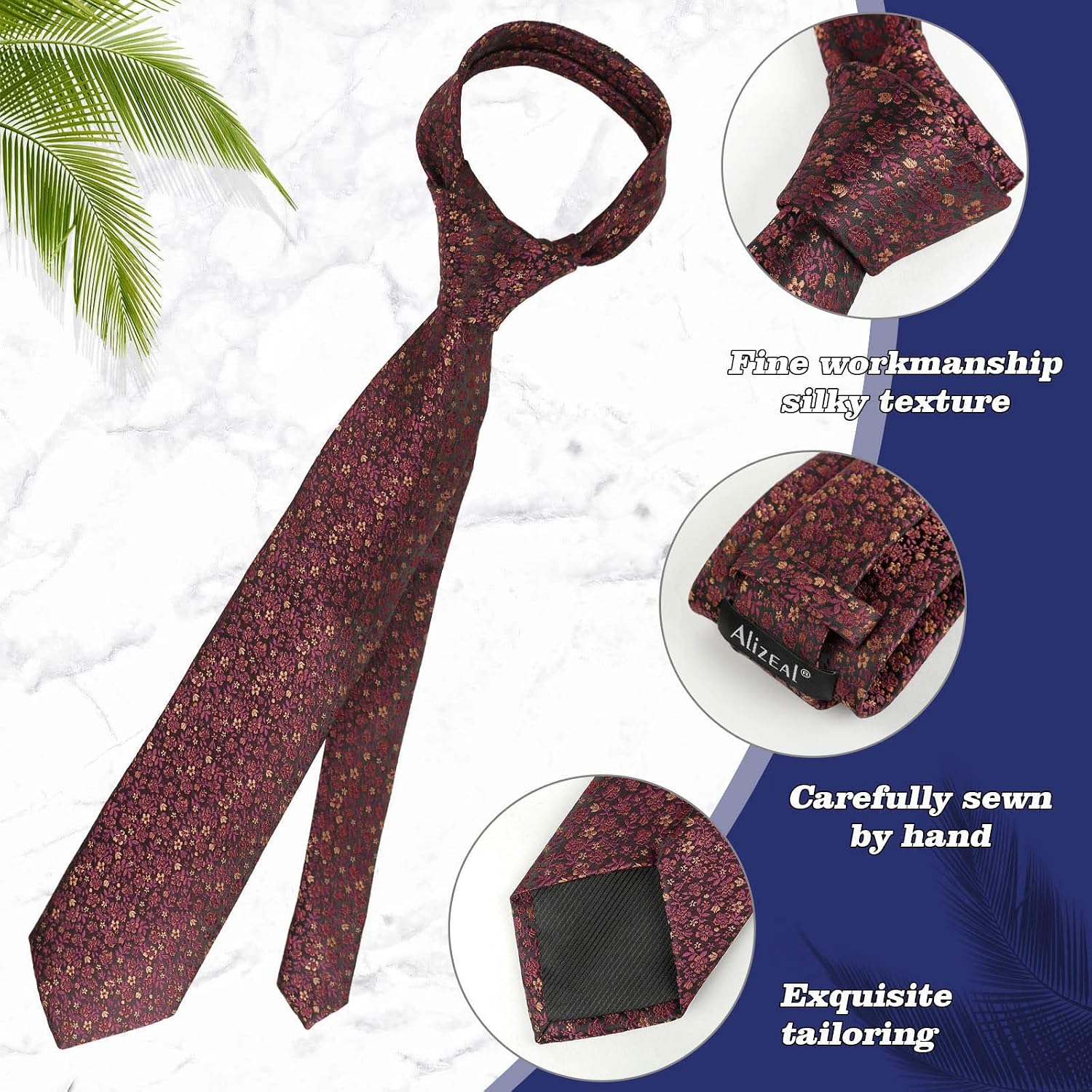 Detalle 2 de Alizeal Floral Patterned Tie with Pocket Square Set (8cm) – Floral Wedding & Party Accessory