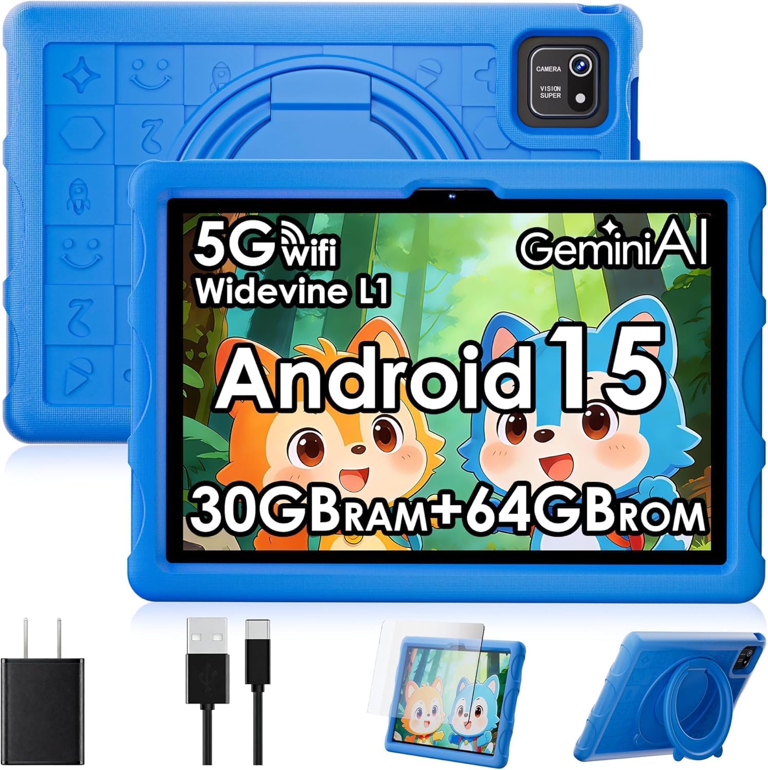 Detalle de ZENTALITY Kinder Tablet 10 Zoll mit Android 15 – 30 GB RAM, 64 GB ROM, erweiterbar bis 2 TB, Kindersicherung, Blau