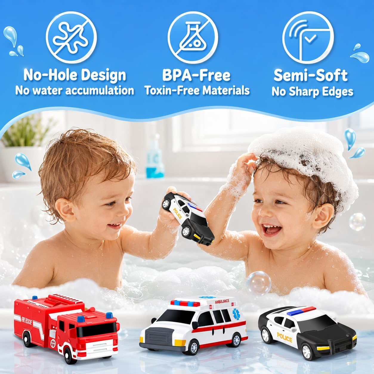 Detalle de Kein Loch Badspielzeug – 3‑teilige Auto-Badespielzeug-Kollektion für Kleinkinder (Polizei, Feuerwehr, Krankenwagen)