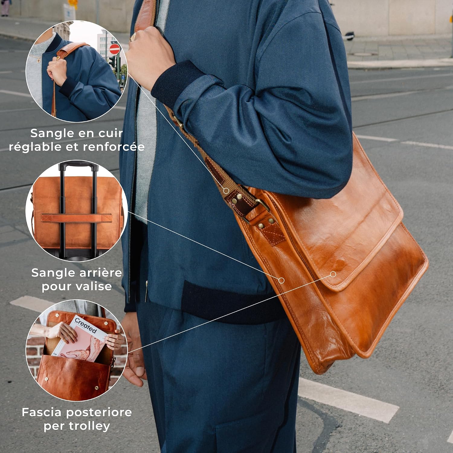 Detalle de Berliner Bags Ghent sac messenger en cuir véritable avec bandoulière réglable et compartiment ordinateur 15 pouces – Marron
