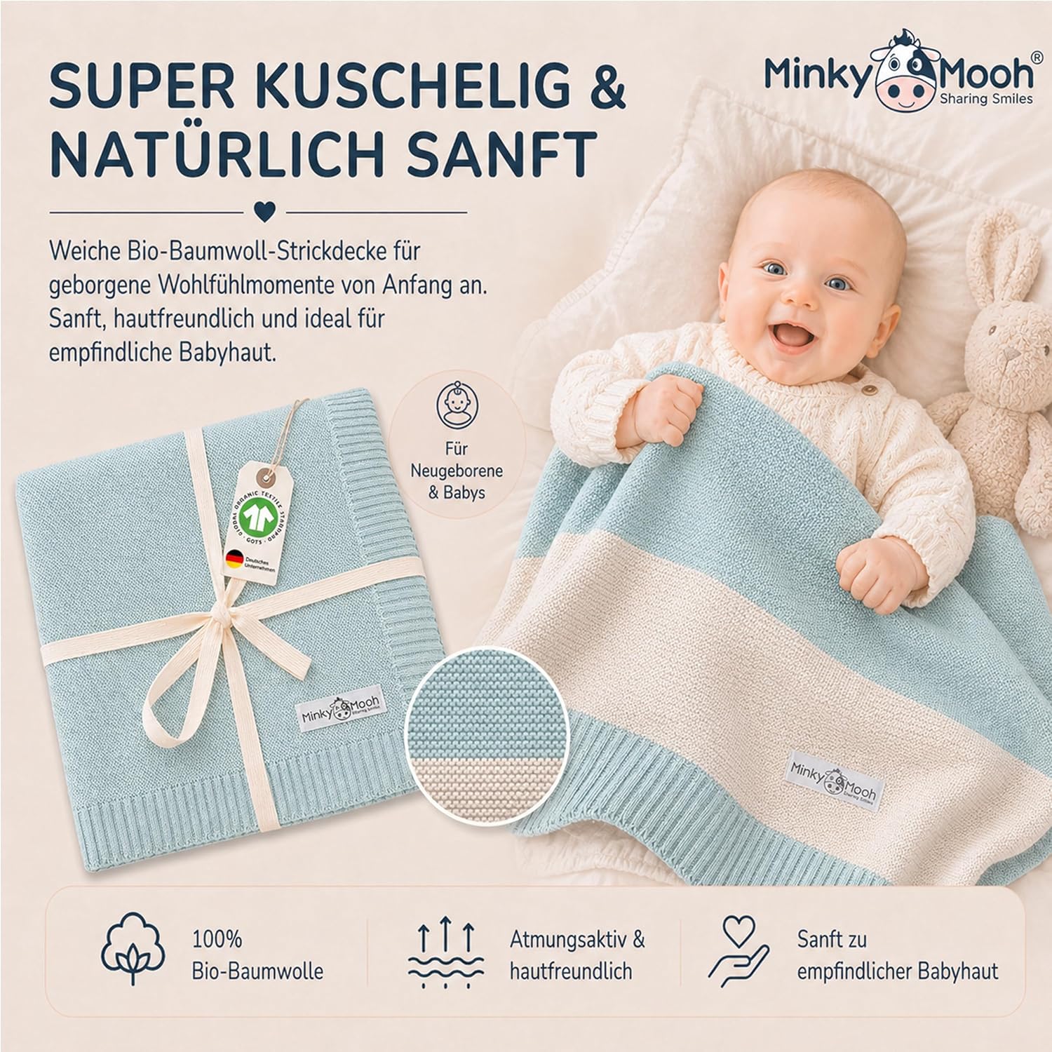 Thumbnail 1 de Minky Mooh® Babydecke aus 100% Bio-Baumwolle – Mint, 94x72 cm