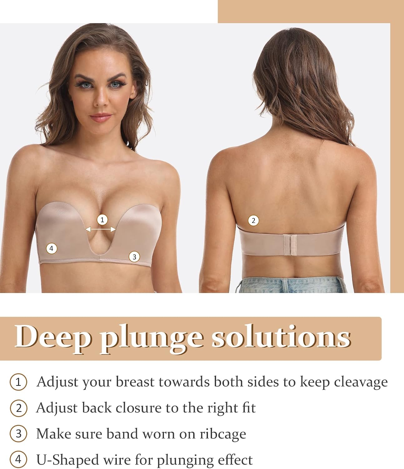 Detalle de DotVol Push Up Convertible Strapless Bra for Women – Deep U Plunge, Underwire, Multiway