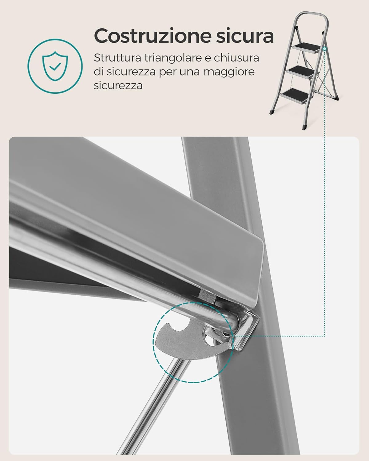 Thumbnail 3 de SONGMICS Scaletta GSL003GY01: Scala a 3 Gradini Pieghevole con Chiusura di Sicurezza e Portata 150 kg