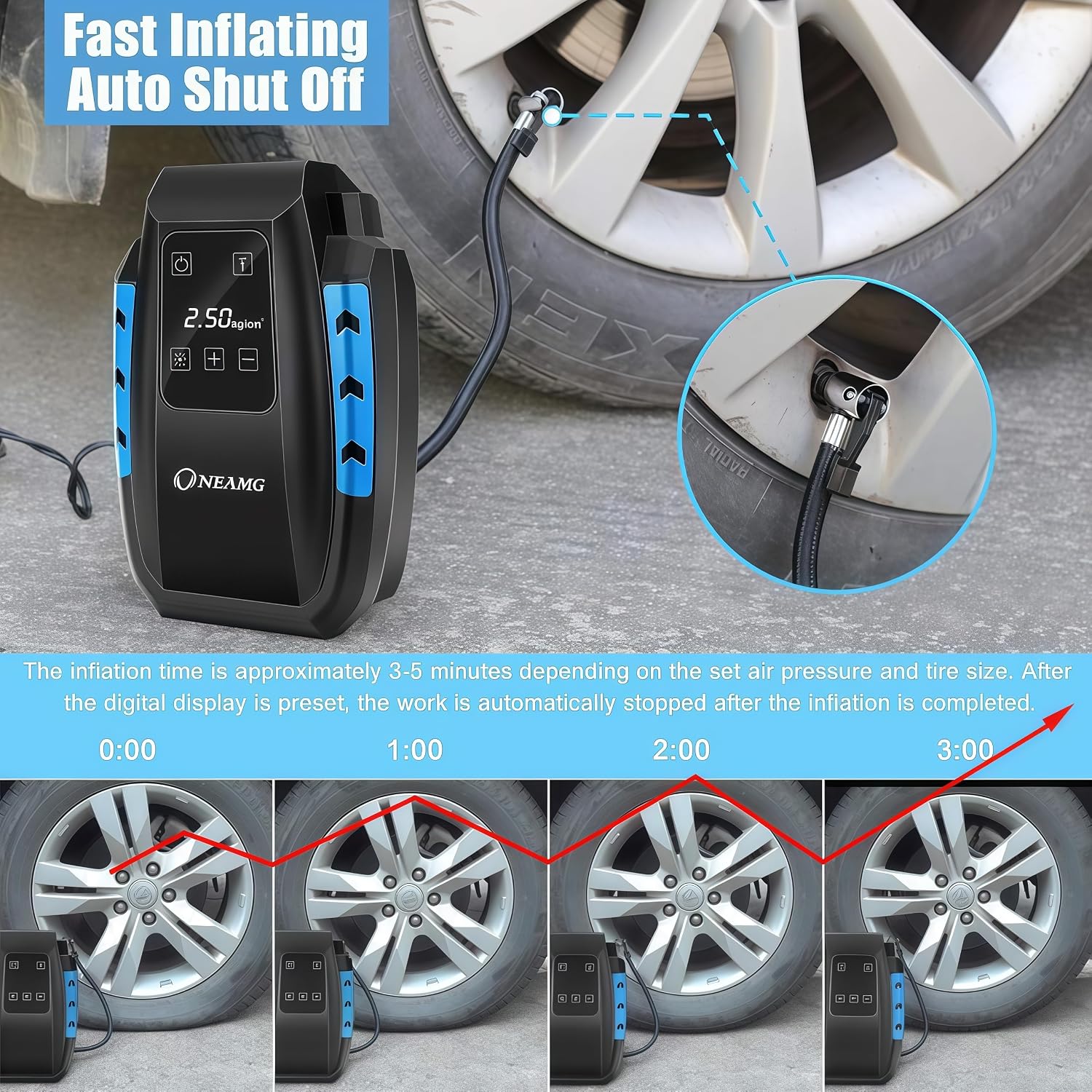 Detalle de OneAmg Compresor de Aire Eléctrico 12V portátil