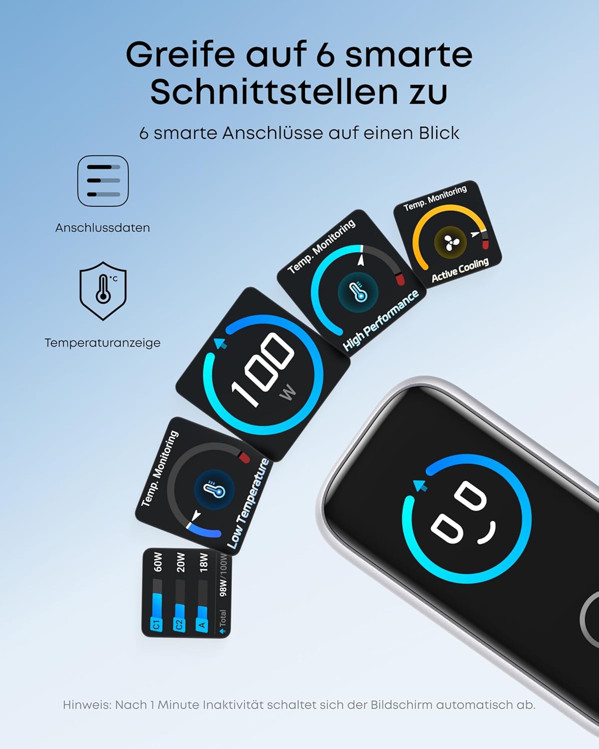 Detalle de Anker 100W USB-C Ladegerät (3 Ports, GaN, Smart Display) – kompaktes GaN-Wandladegerät für MacBook, iPad & iPhone