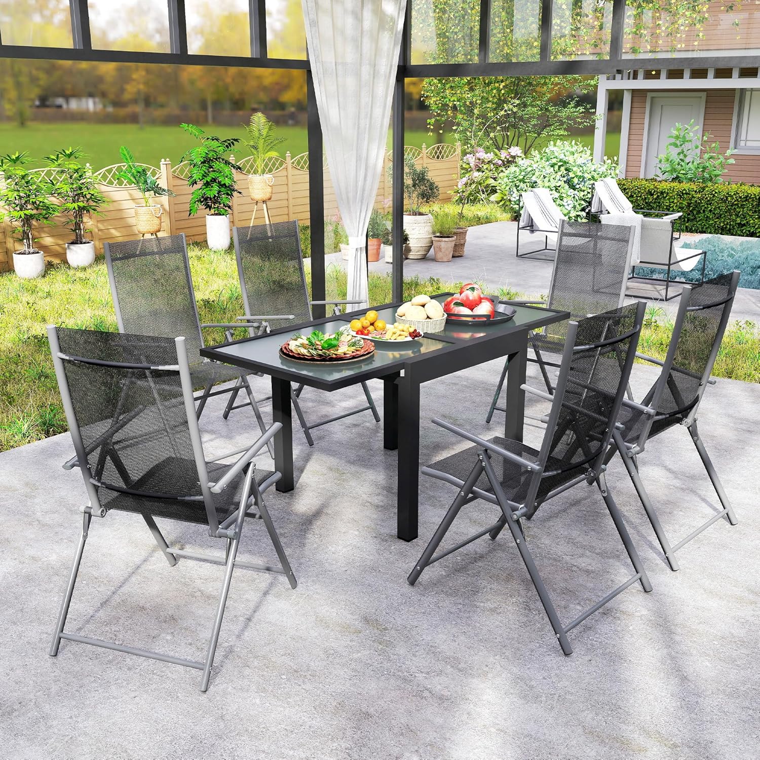 Detalle de Outsunny table de jardin extensible grande taille avec plateau en verre trempé foncé (160 x 80 x 75 cm)