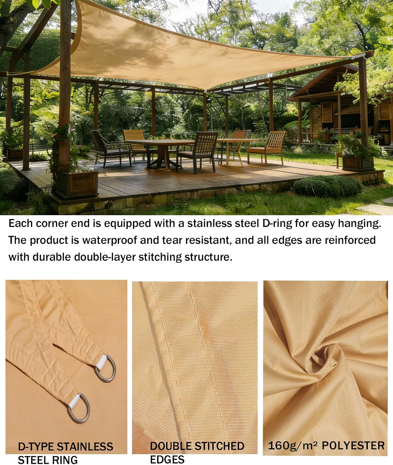 Thumbnail 2 de FXOIIK 3x4m Rectangular SunShade Sail – 98% UV Protection, Sand
