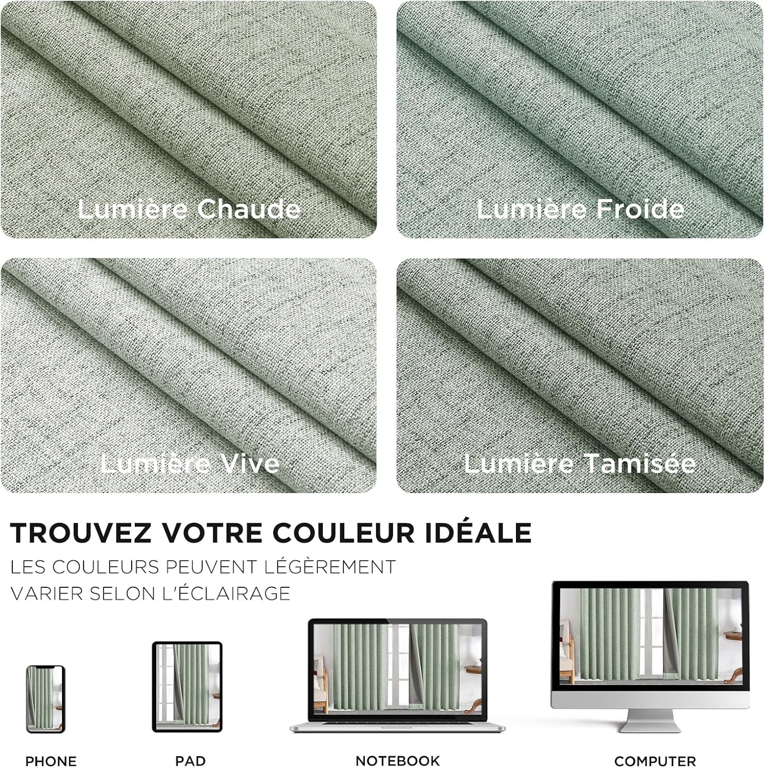 Detalle 2 de Joydeco Rideau occultant 100% polyester imitation lin Vert Sauge 140x220 cm – 2 panneaux