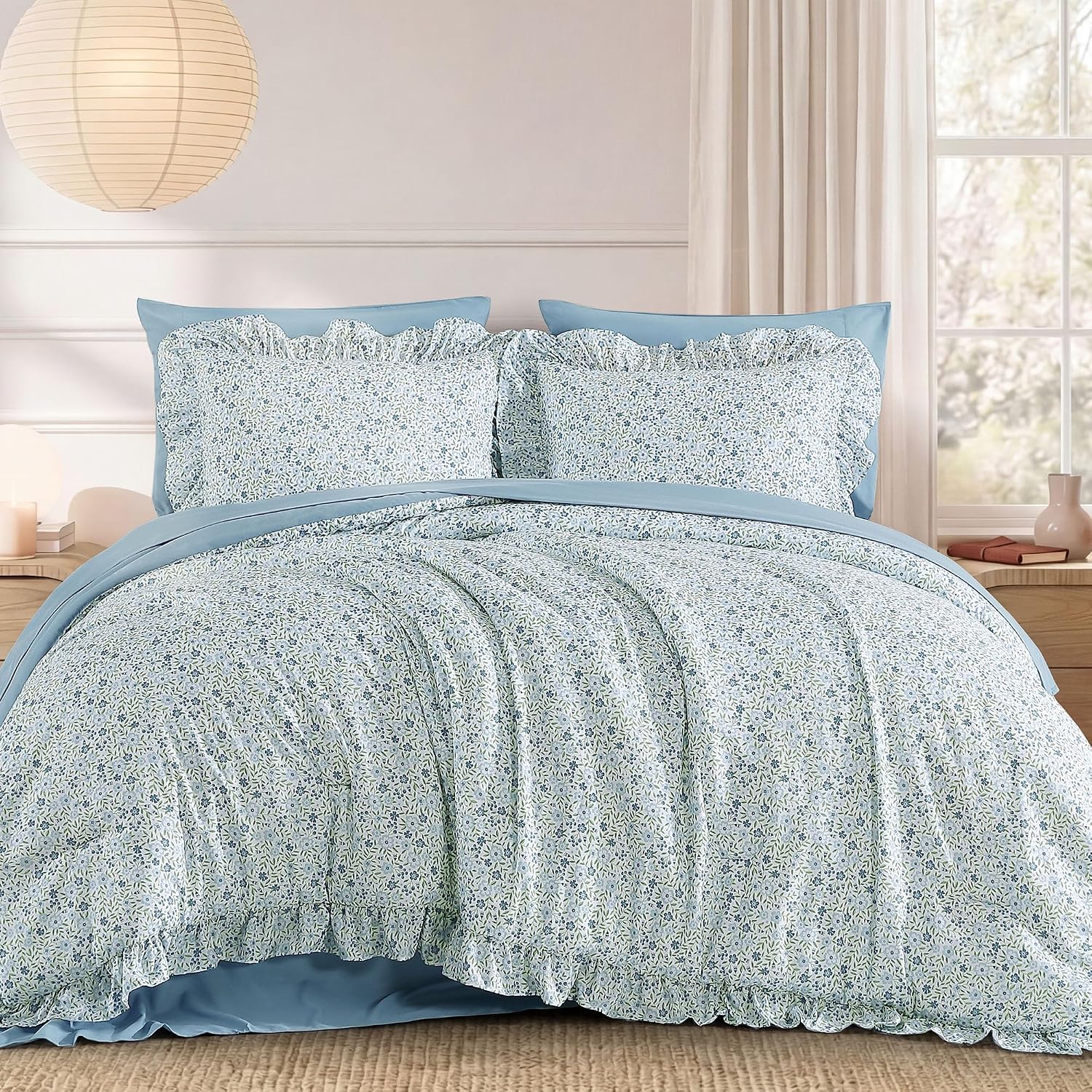 Detalle de BLOOMHAVEN Queen Comforter Set – 7 Pieces with Ruffle Beige Lace, Floral Sheets & Shams