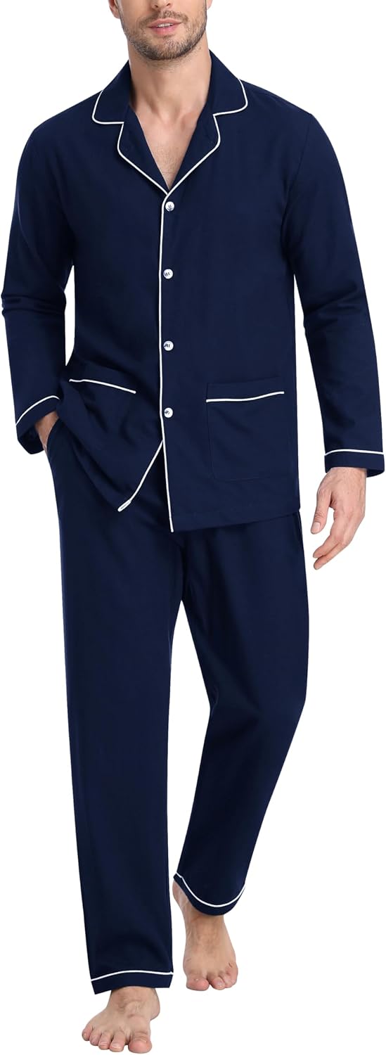 Detalle de MoFiz Pyjama Homme Hiver en Coton – Ensemble Pyjama Boutonné, Manches Longues, Carreaux ou Uni
